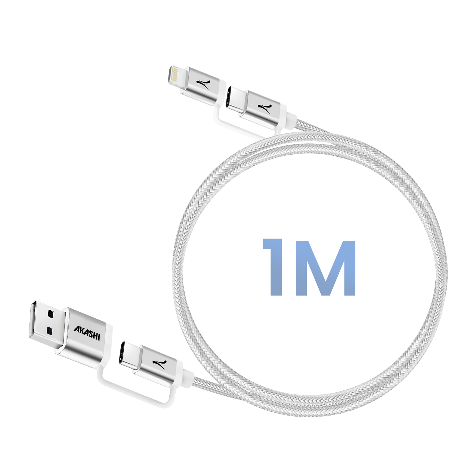 Câble de charge argenté avec connecteurs USB, USB-C et Lightning, enroulé.