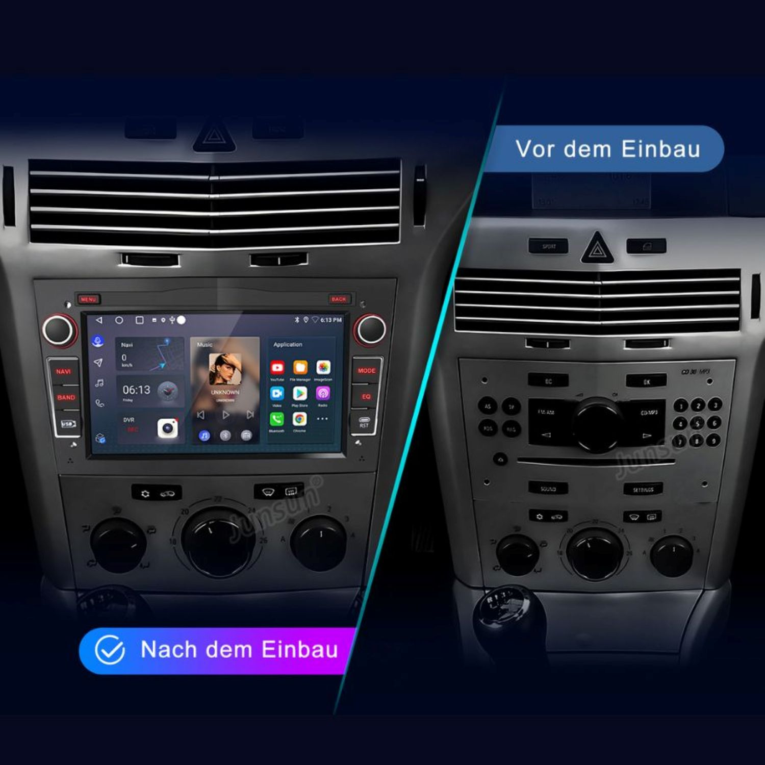 Vorher-Nachher-Vergleich eines Armaturenbretts mit einem neuen installierten Infotainment-System, das das Upgrade zeigt.