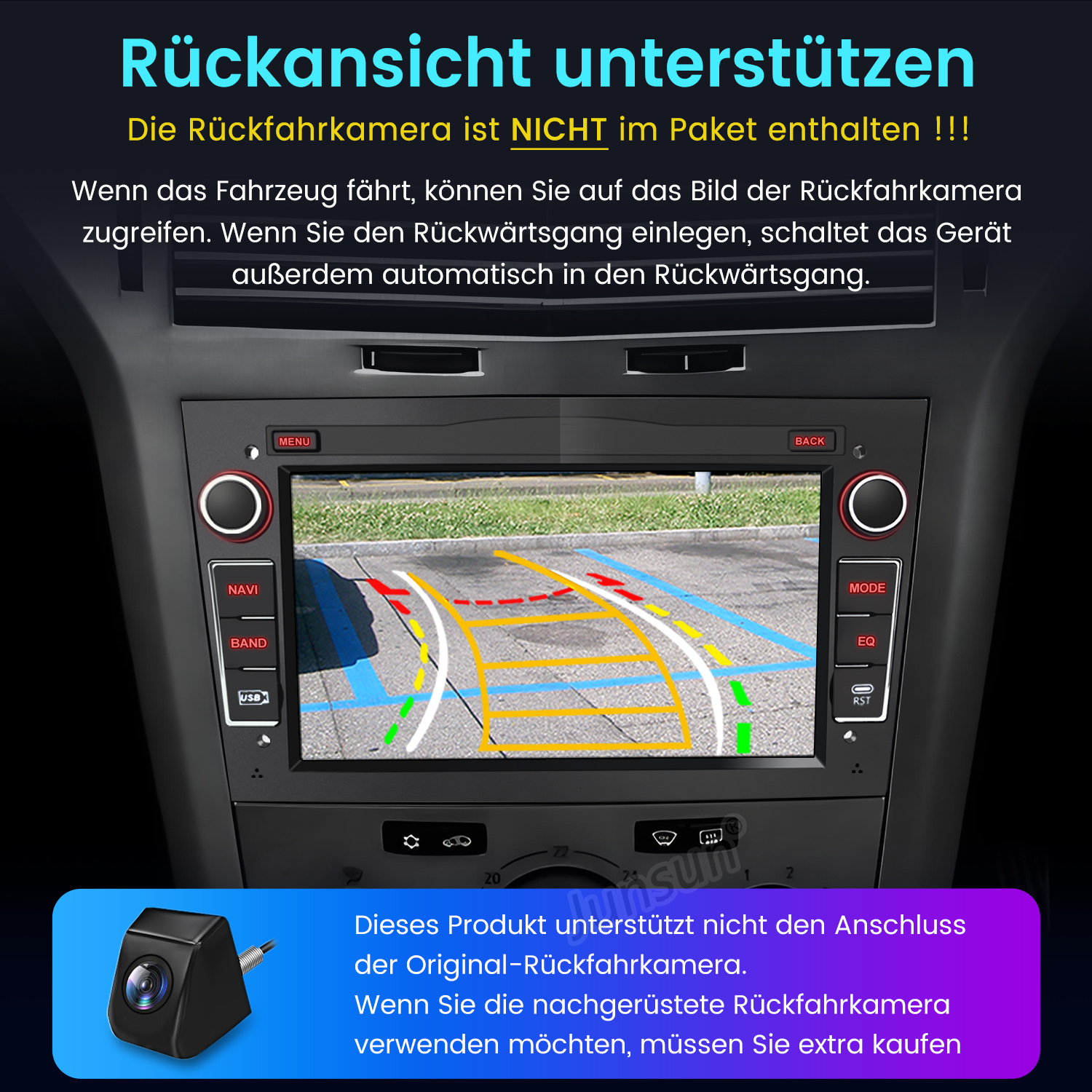 Das Auto-Infotainment-System zeigt eine simulierte Rückfahrkameraansicht mit Führungslinien, die die Einparkhilfe hervorhebt.