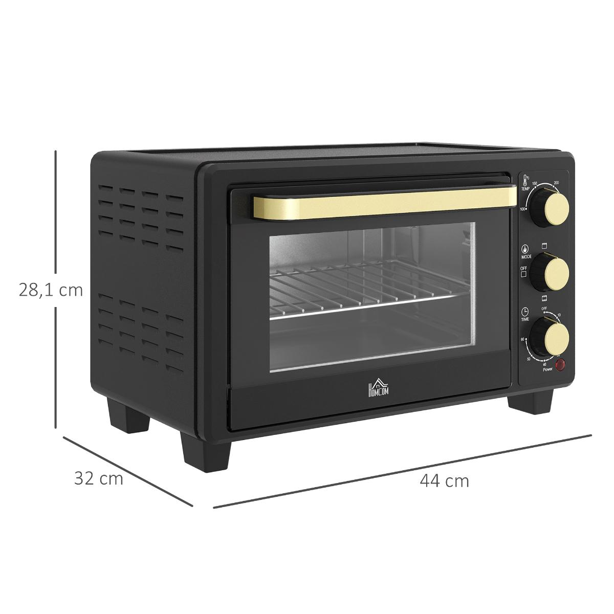 Ein schwarzer Toaster mit goldenem Griff und Knöpfen steht auf einer weißen Oberfläche und zeigt sein kompaktes Design.