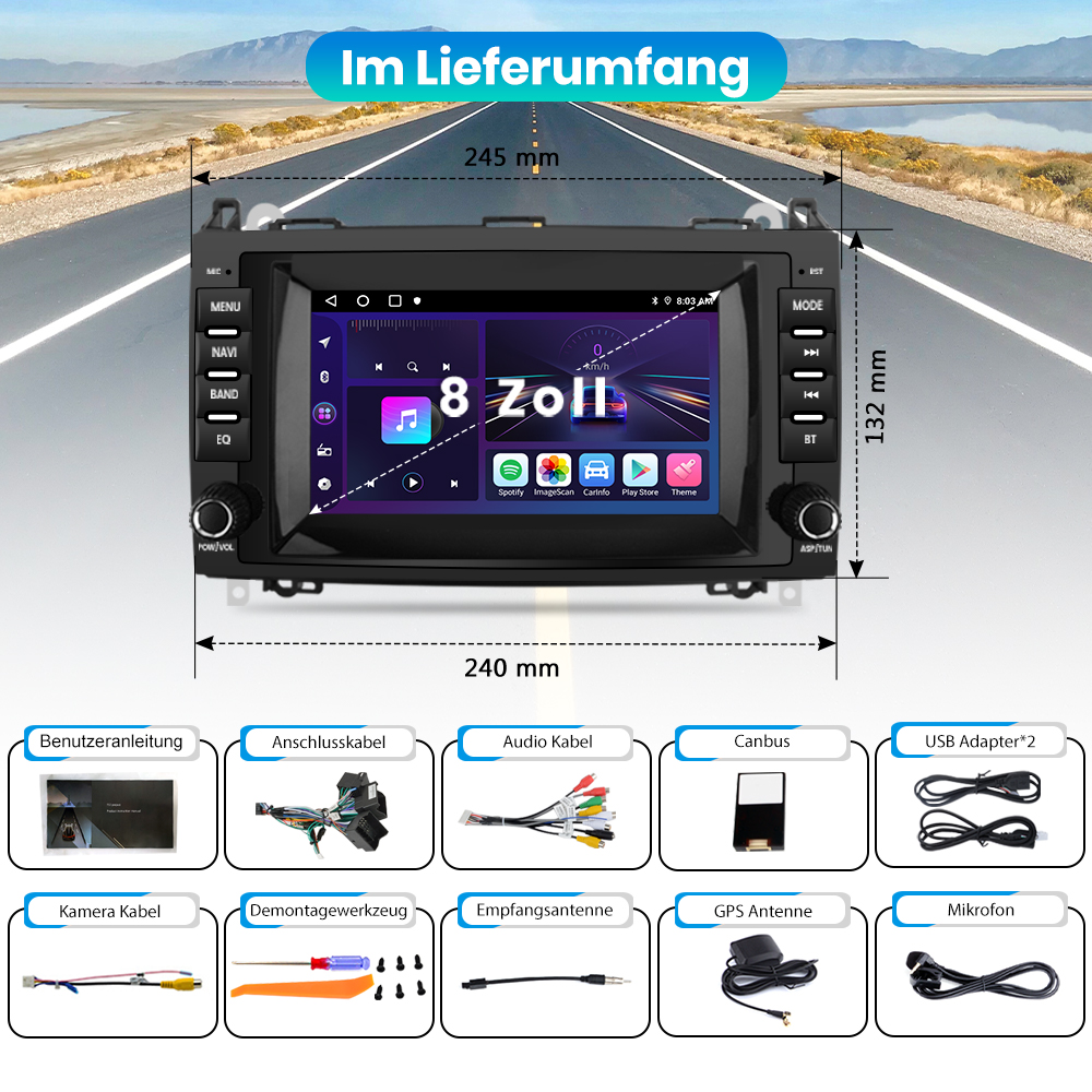 Ein Autoradio mit Bildschirm, umgeben von verschiedenen Teilen und Zubehör, mit Messungen.