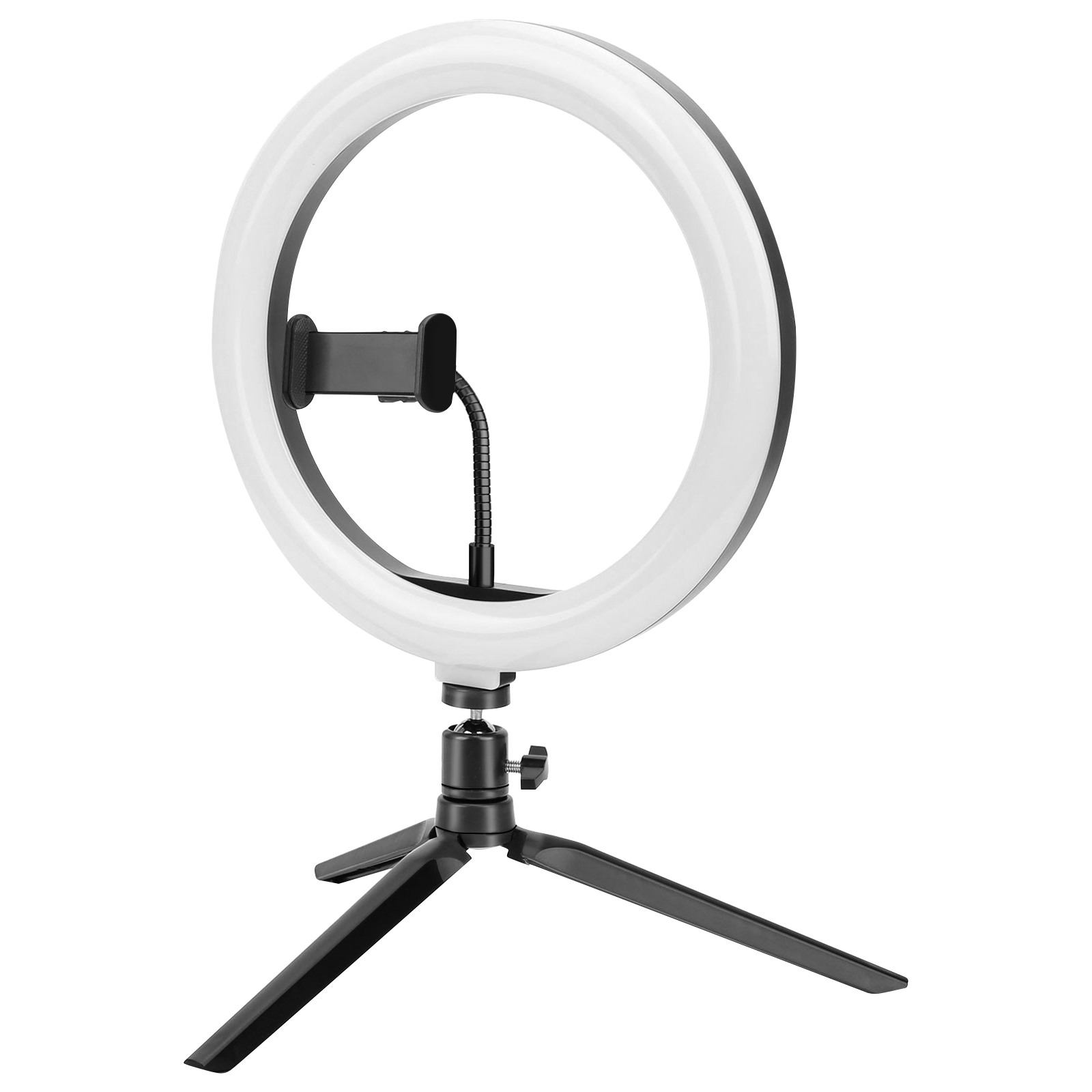 Une lampe annulaire avec un support de téléphone sur un trépied noir. Elle a une lumière blanche et des détails noirs.