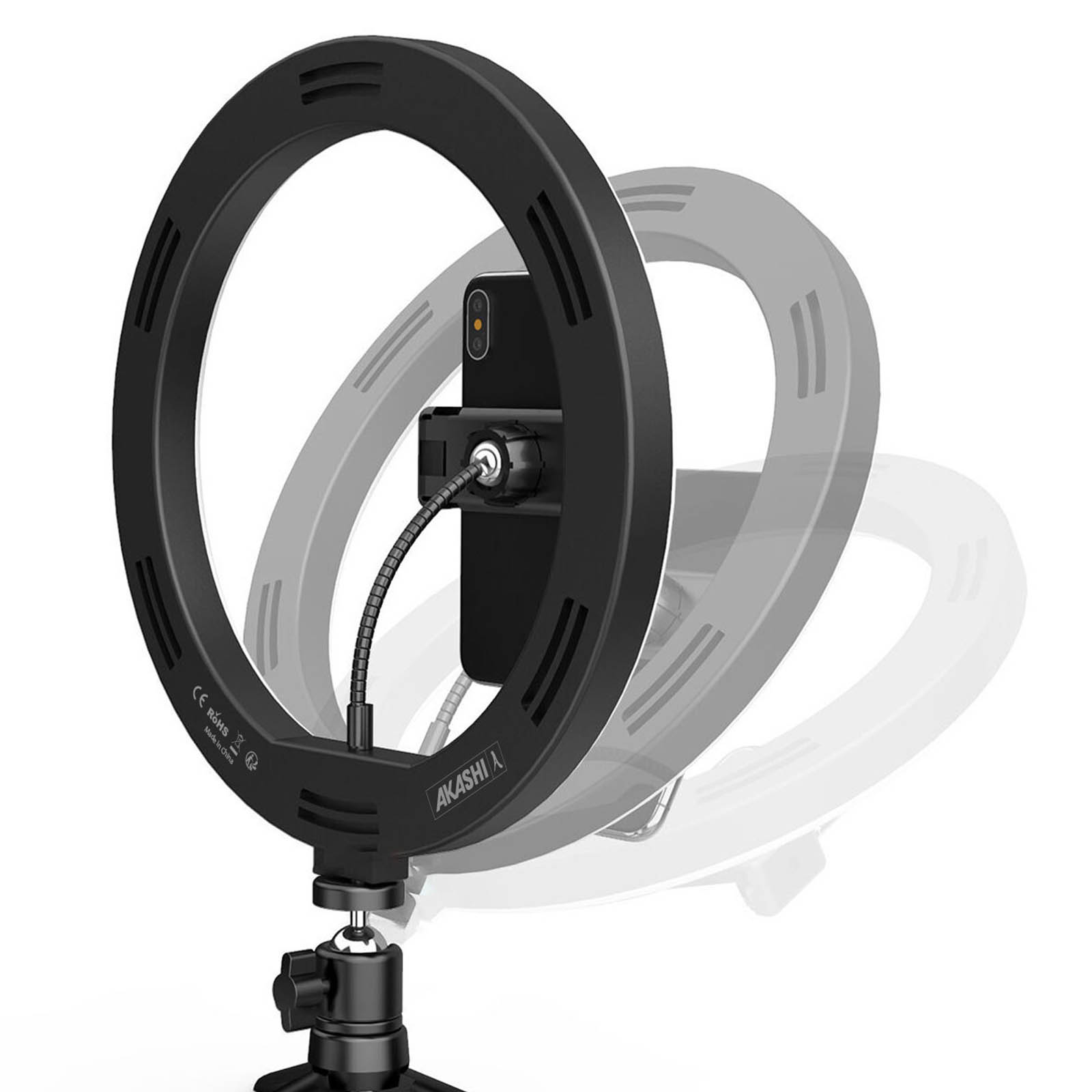 Une lampe annulaire noire avec support de téléphone, montrant une deuxième lampe annulaire partiellement visible en arrière-plan.