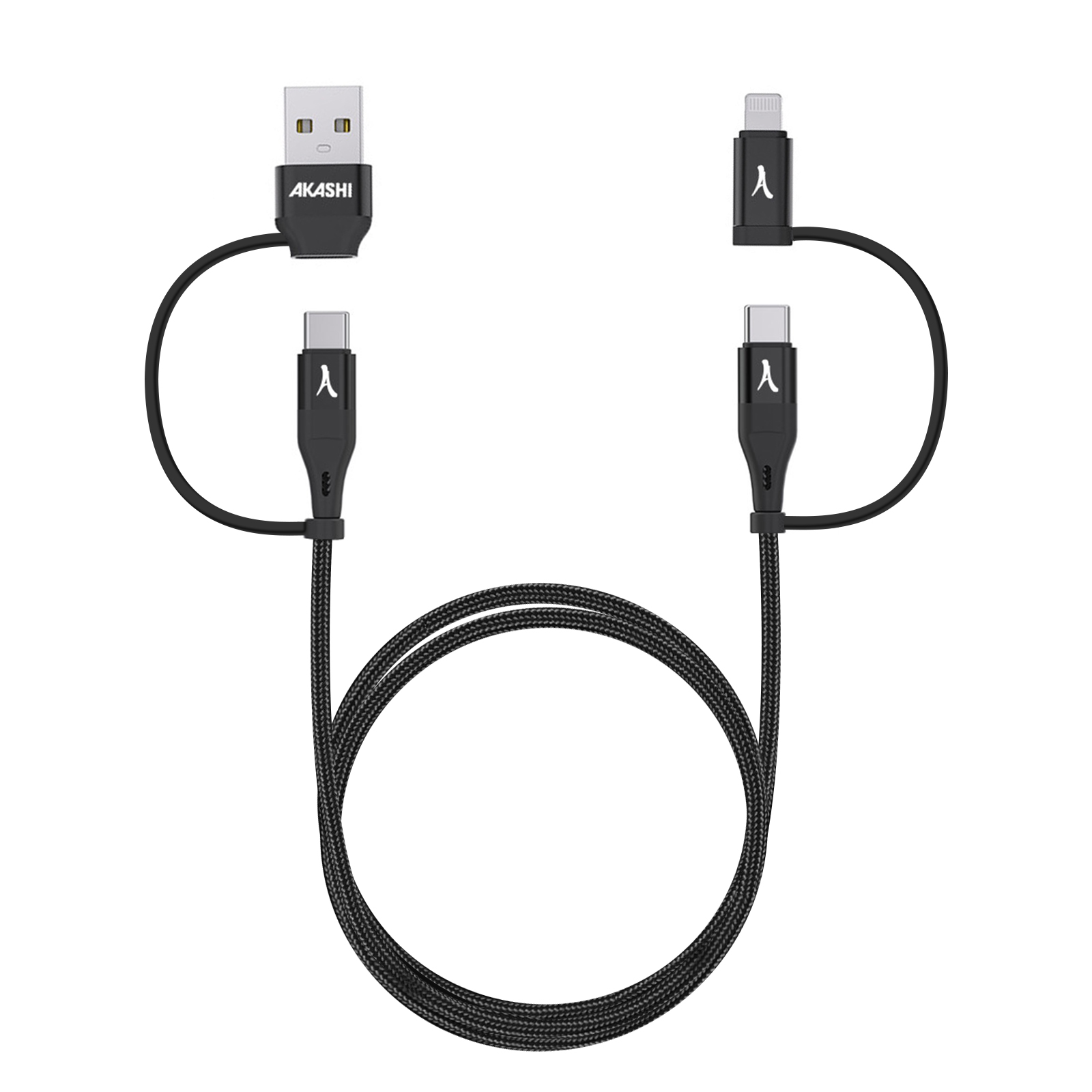Un câble de chargement Akashi noir avec plusieurs connecteurs : USB, USB-C et Lightning, tous connectés à un câble central.