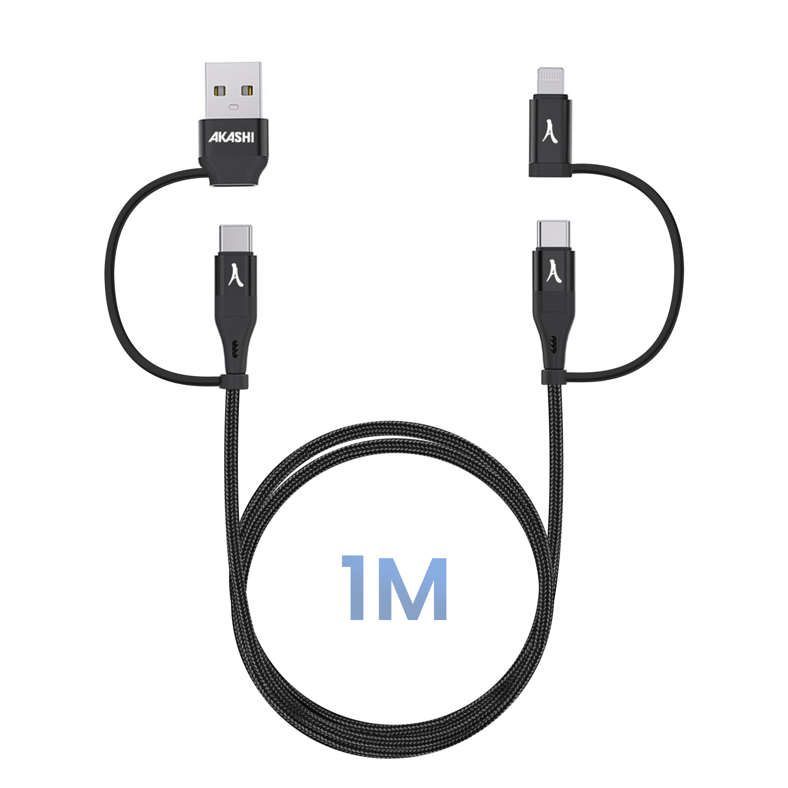 Un câble de chargement Akashi noir avec divers connecteurs : USB, USB-C et Lightning, avec le texte '1M' indiquant la longueur.