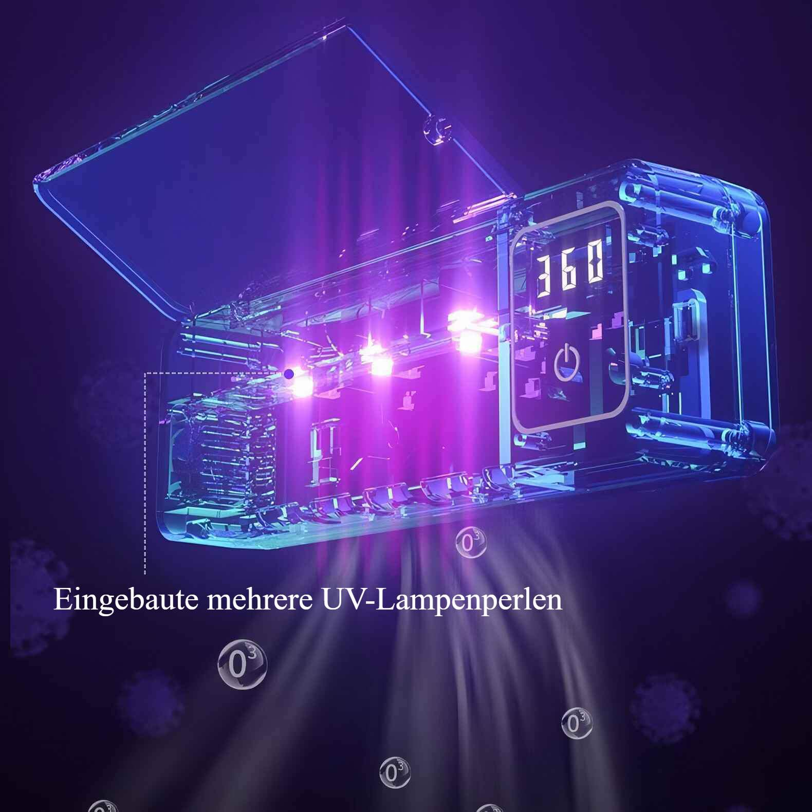 Ein Gerät mit offenem transparentem Deckel, das das Innere mit Lichtern und UV-Lampen freilegt. Der Text lautet: UV-Lampen.