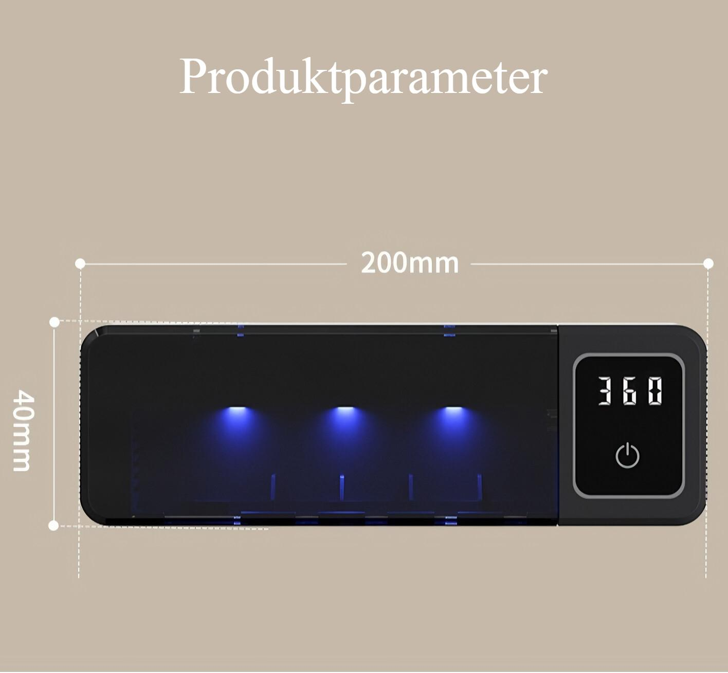 Eine Draufsicht auf ein schwarzes rechteckiges Gerät mit Display und Abmessungen von 200 mm x 40 mm.