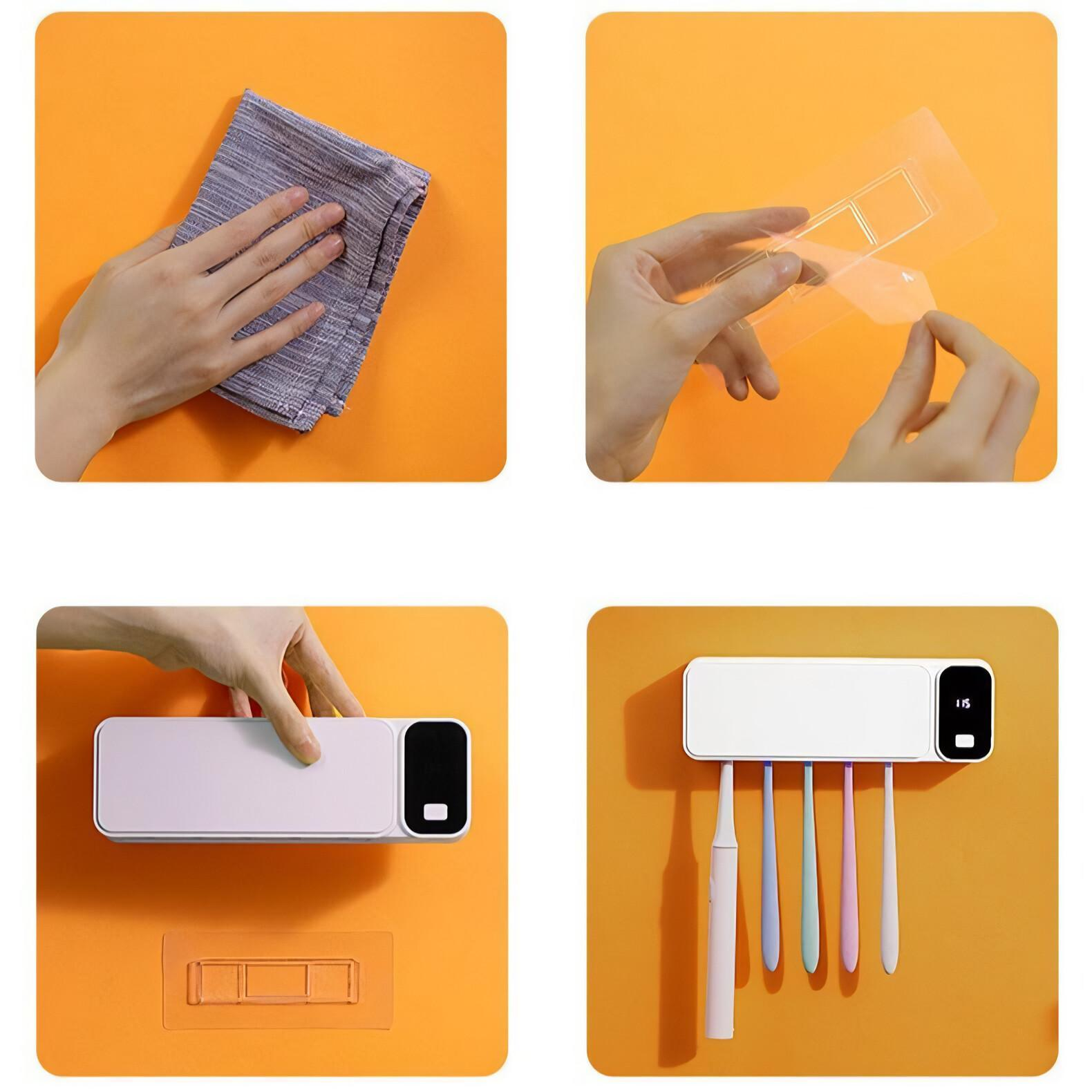 Eine Bildsequenz, die die Installation eines Zahnbürstenhalters an einer orangefarbenen Wand zeigt. Beinhaltet Reinigung und Klebstoffverwendung.