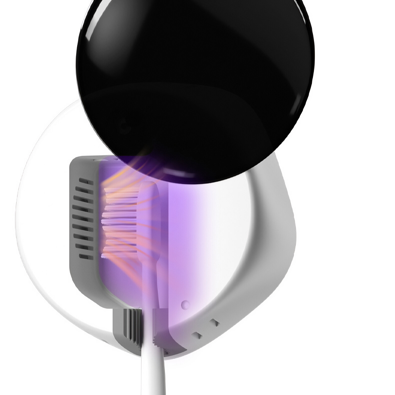 Eine Zahnbürste befindet sich in einem weißen UV-Sterilisator, der Sterilisator ist geöffnet und ein violettes Licht ist sichtbar.