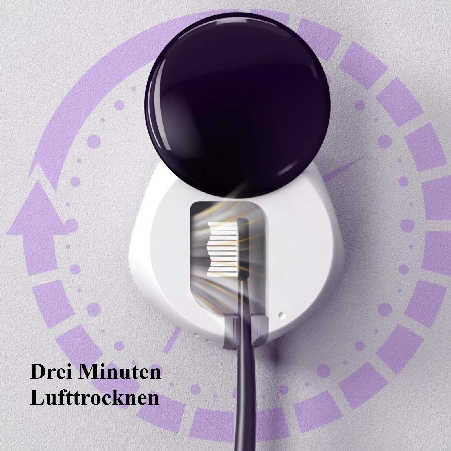 Ein weißes Gerät mit schwarzer Scheibe oben, das eine Zahnbürste im Inneren zeigt, die mit violettem Licht getrocknet wird.