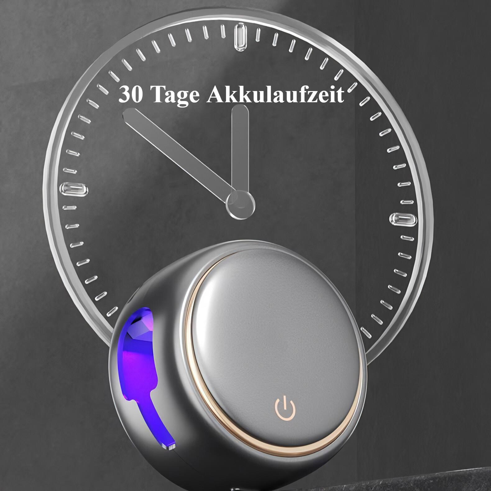 Ein silbernes Gerät mit Uhr-Overlay, das 30 Tage Akkulaufzeit und eine Ein-/Aus-Taste zeigt.