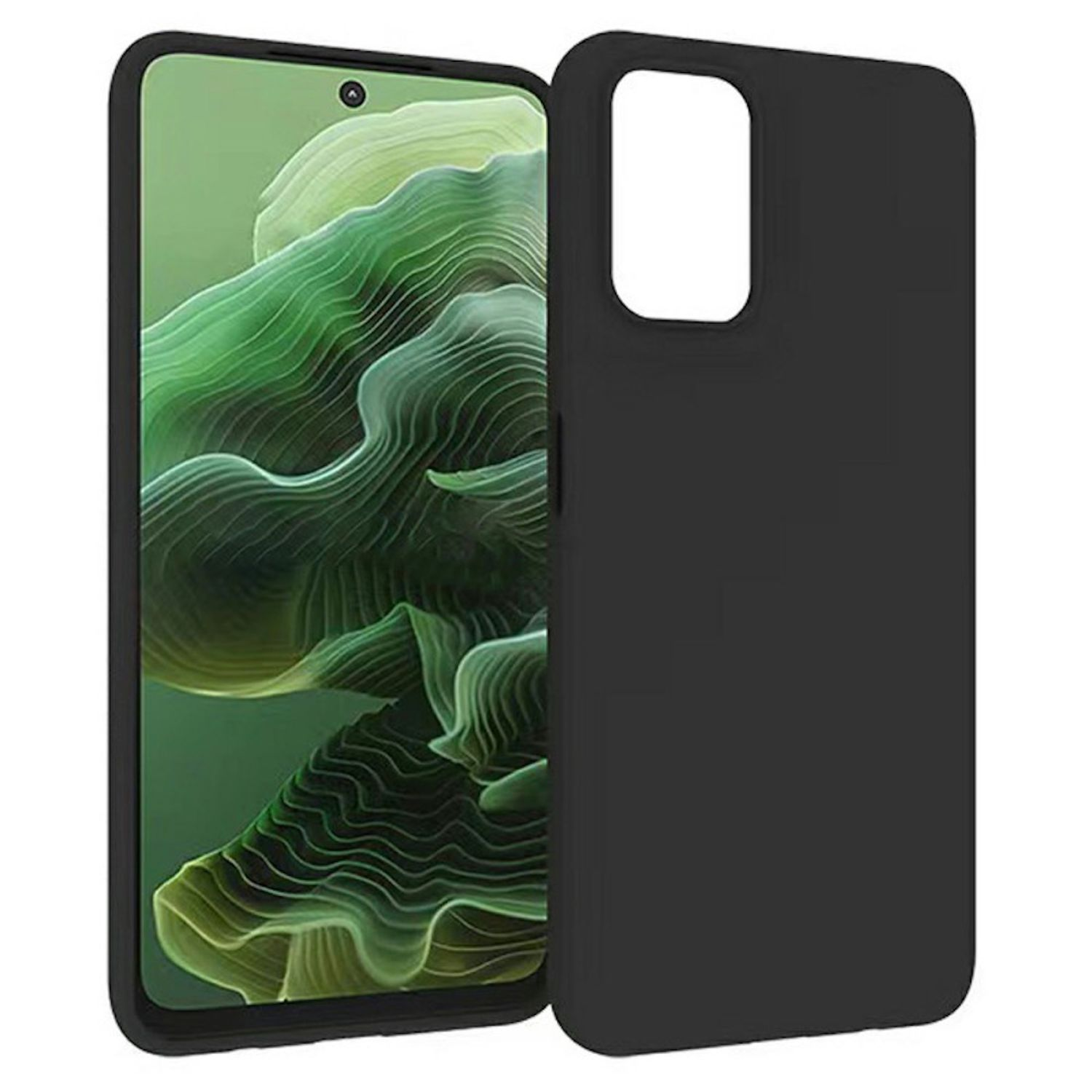 Funda de teléfono negra con el teléfono dentro. El teléfono tiene un fondo verde.