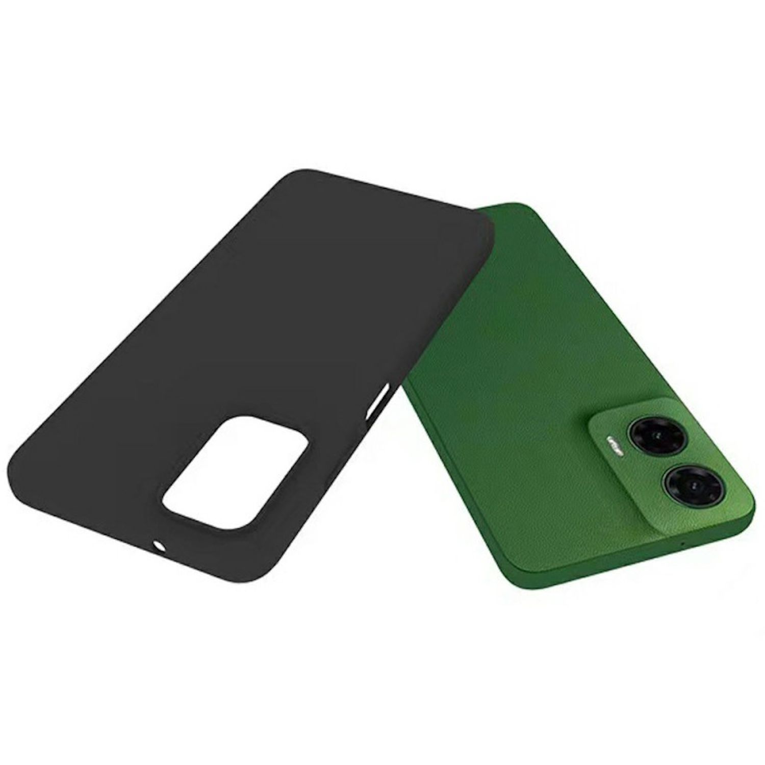Funda de teléfono negra y teléfono. El teléfono tiene una parte trasera verde.