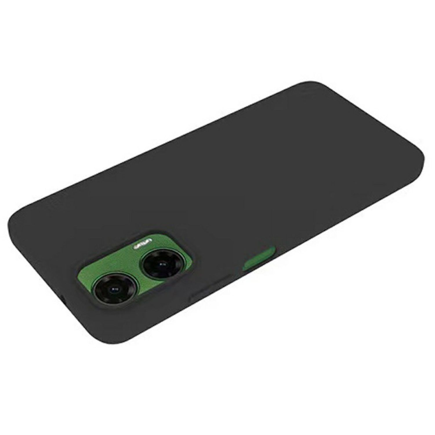 Una funda negra para teléfono con módulo de cámara verde, aislada sobre blanco.