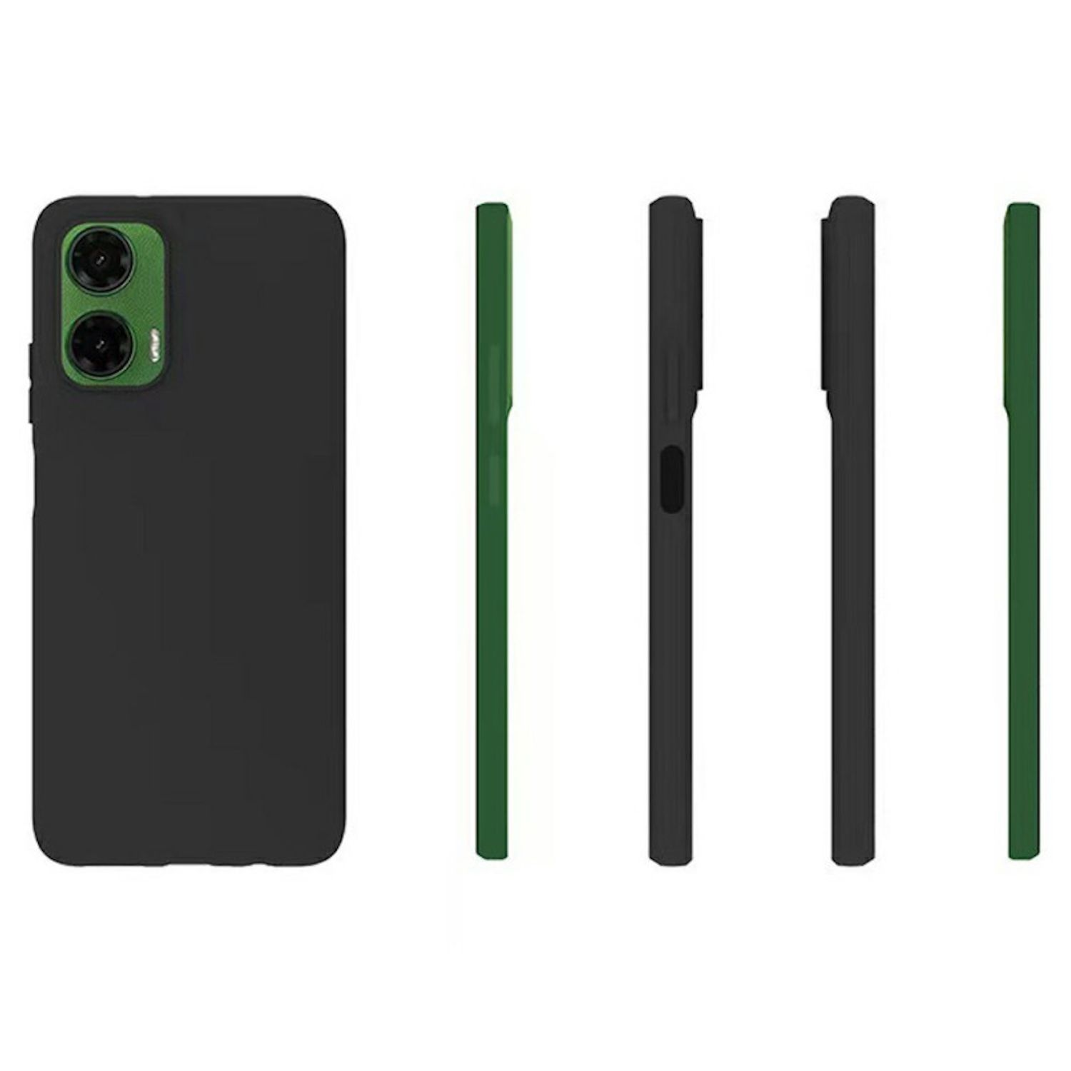 Funda de teléfono negra y teléfono. El teléfono tiene parte trasera y laterales verdes. Se muestran diferentes ángulos.