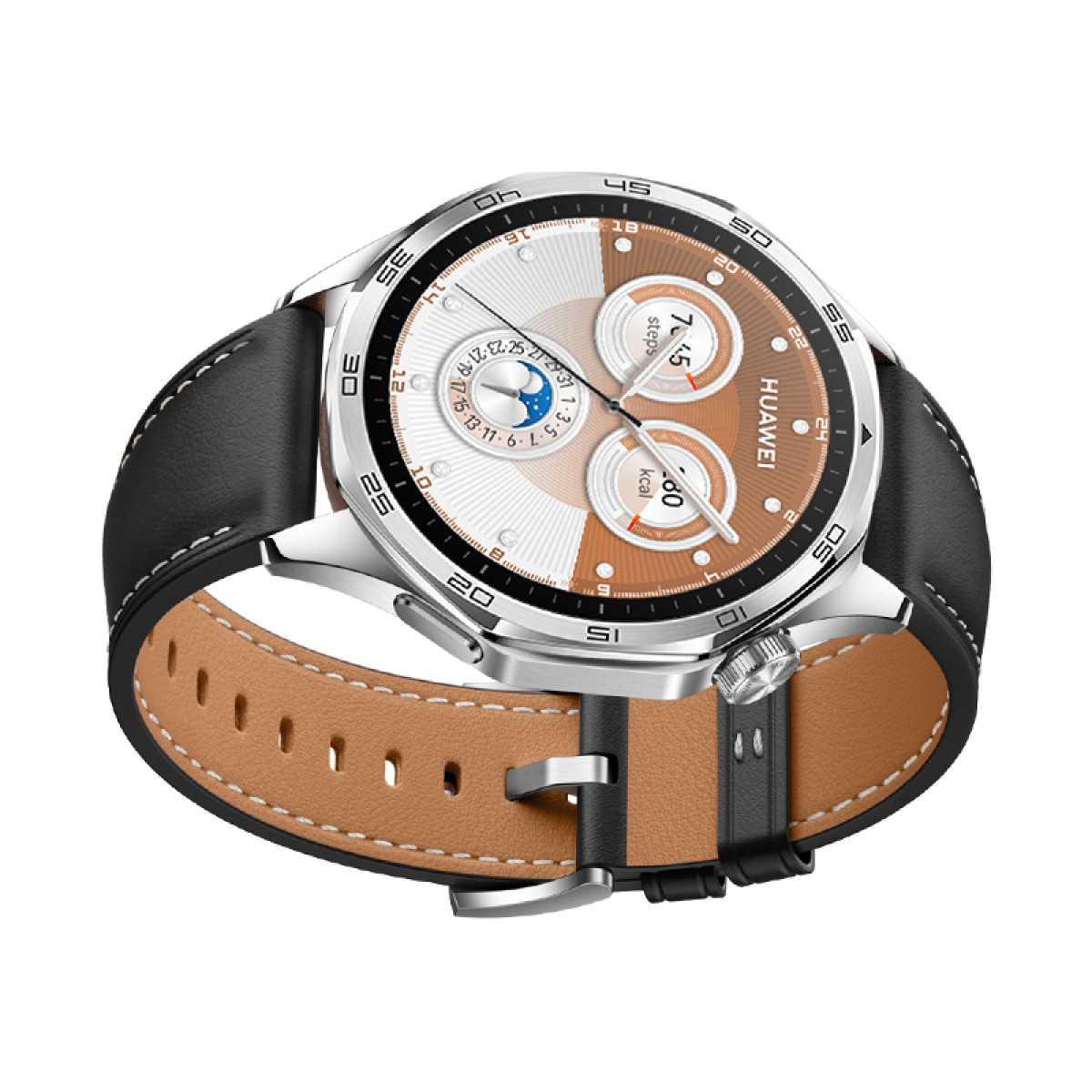 Srebrny smartwatch Huawei z czarnym skórzanym paskiem. Wyświetla czas i zdrowie.
