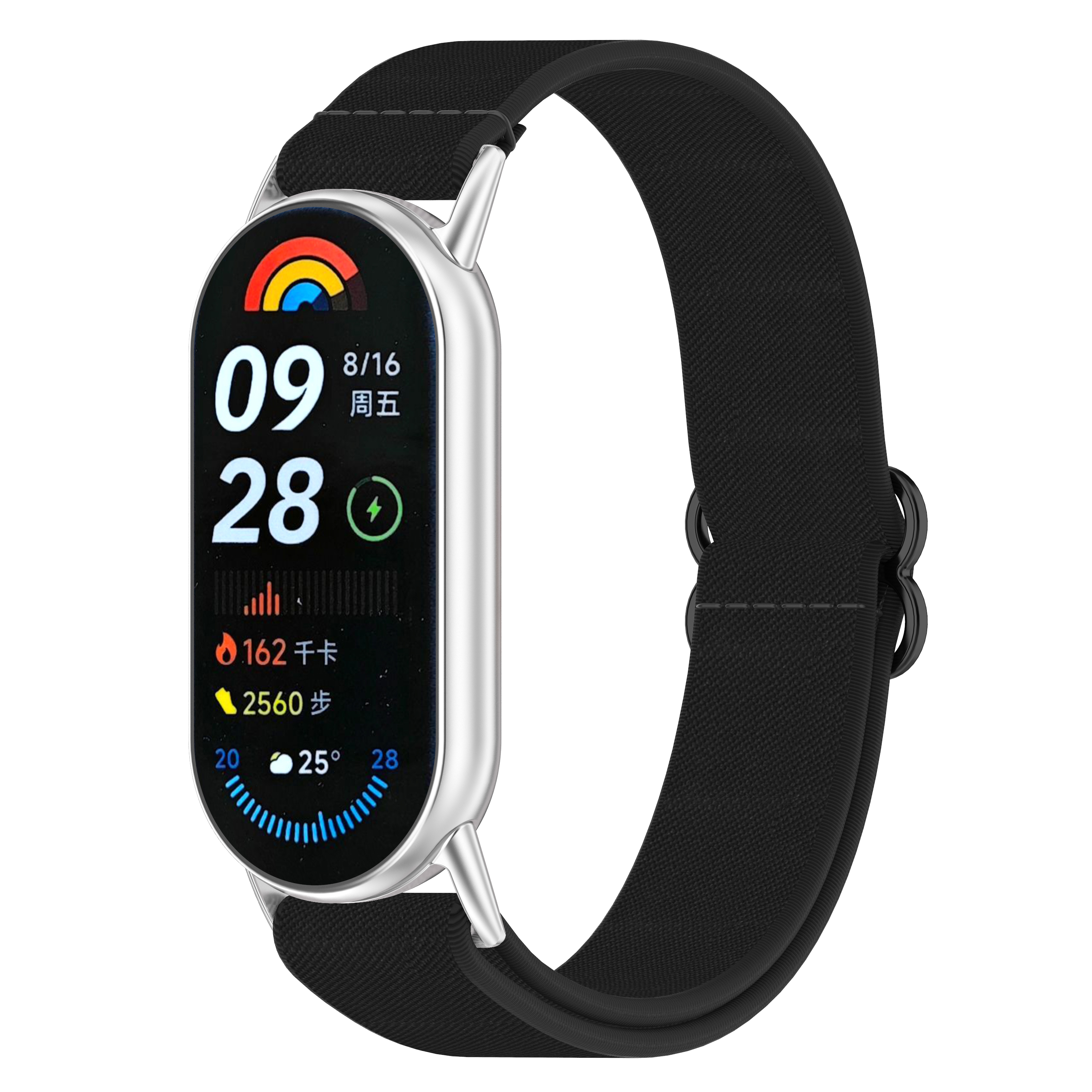 Czarny i srebrny smartwatch z czarnym paskiem. Wyświetlacz pokazuje czas, datę, baterię i dane aktywności.