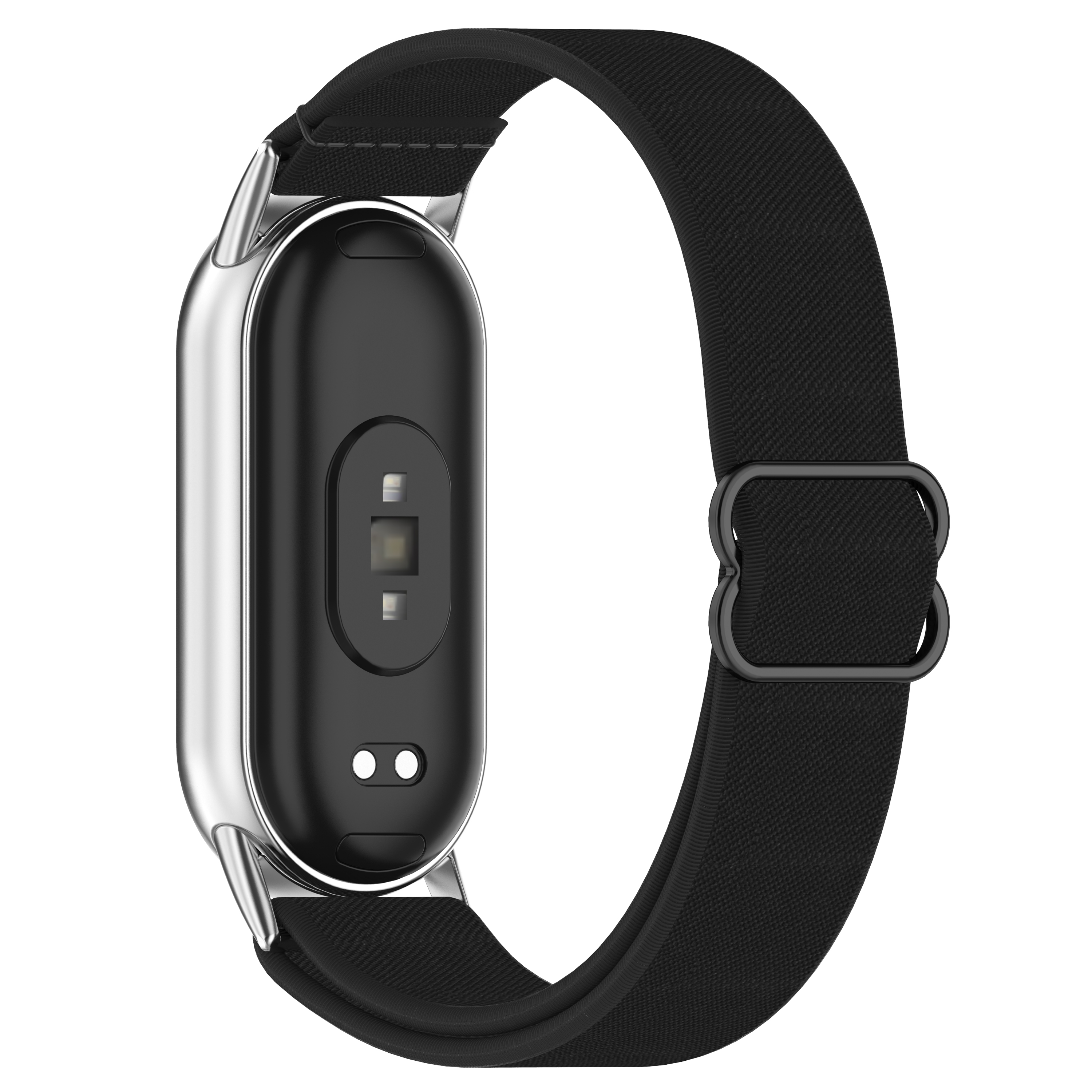 Smartwatch jest wyświetlany ze srebrną ramką i czarnym paskiem na białym tle.