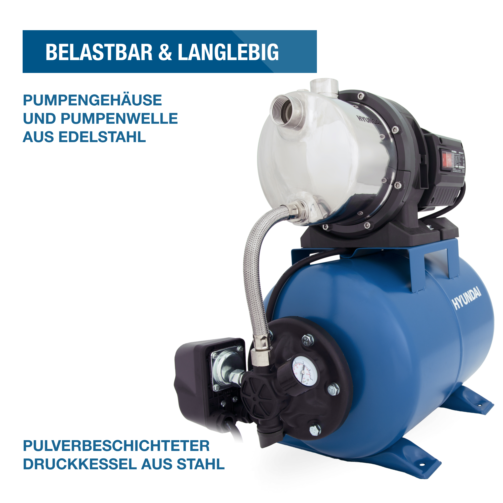 Blaue Wasserpumpe mit silbernem Oberteil und schwarzem Motor. Text besagt belastbar und langlebig, Hyundai-Logo.