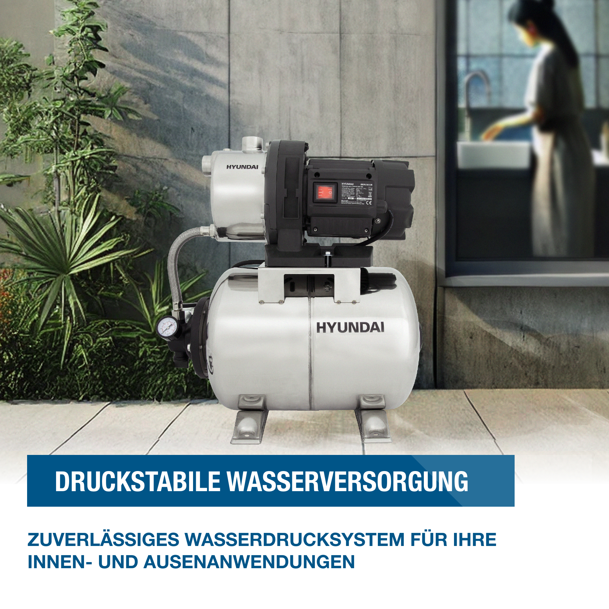 Hyundai Wasserpumpensystem in einer Gartenumgebung mit einer Person im Hintergrund.