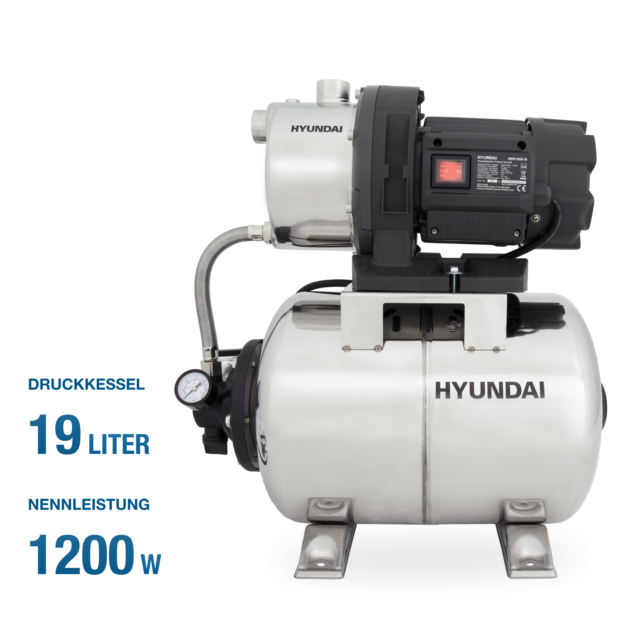 Eine Edelstahl-Wasserpumpe mit schwarzem Motor, Text auf weißem Hintergrund.