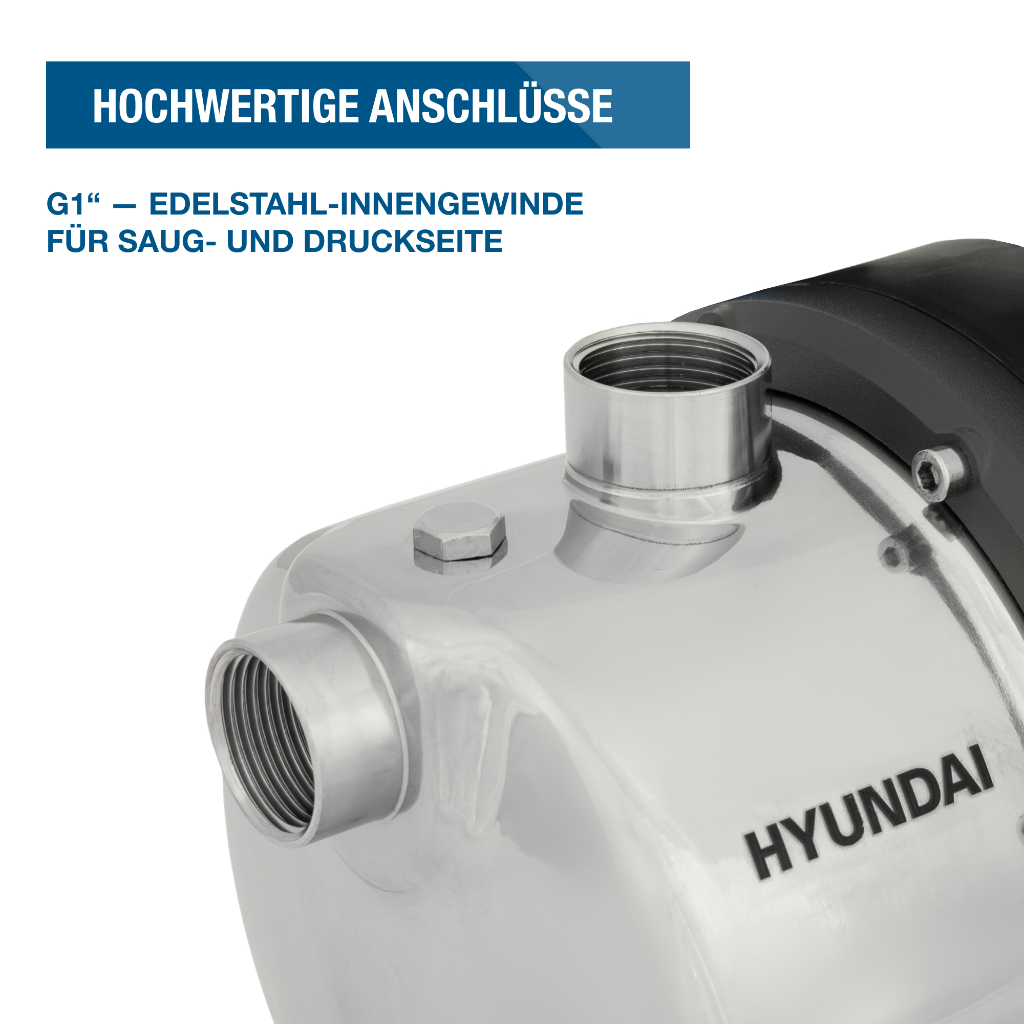 Nahaufnahme einer metallischen Pumpenkomponente mit Gewindeöffnungen, das Hyundai-Logo ist auf der Seite.