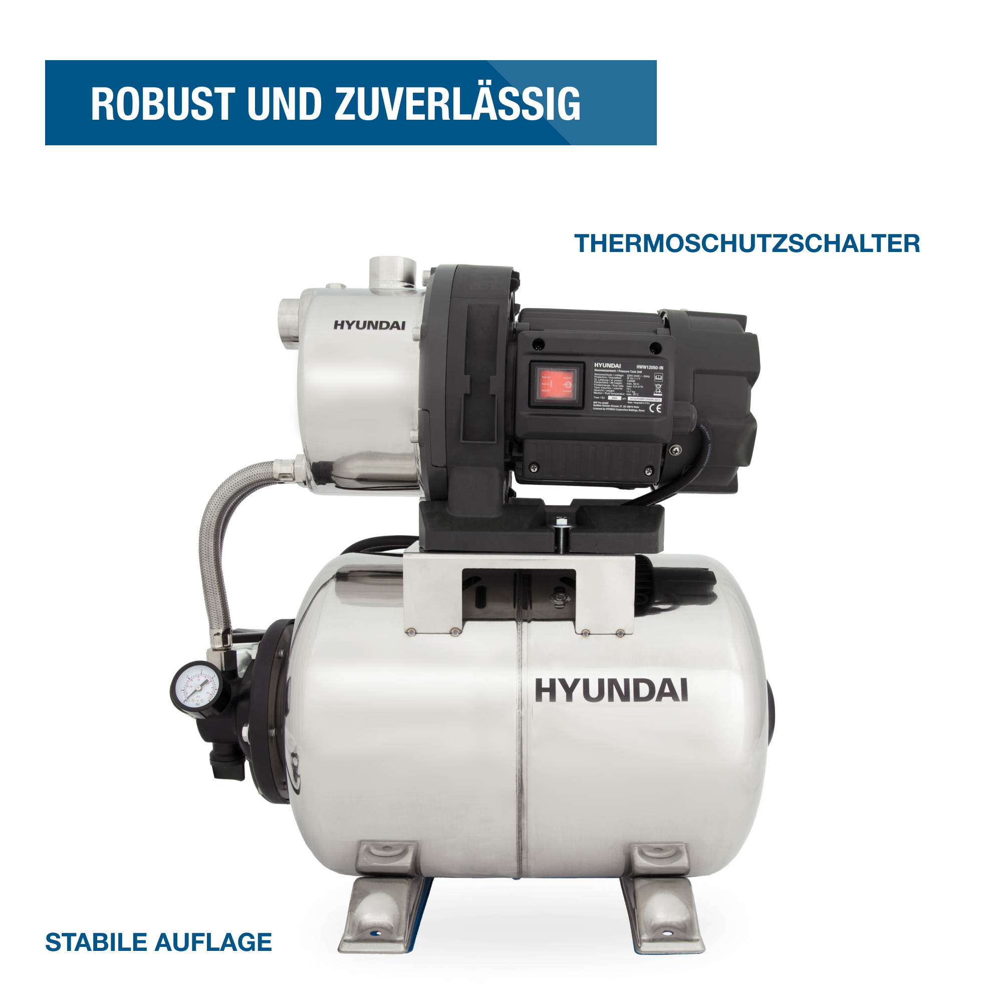 Eine Edelstahl-Wasserpumpe mit schwarzem Motor auf weißem Hintergrund.