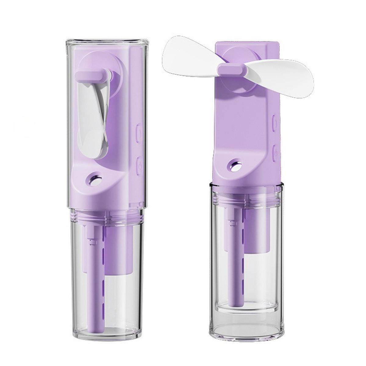 Zwei lila Mini-Ventilatoren mit transparenten Wasserbehältern auf weißem Grund.