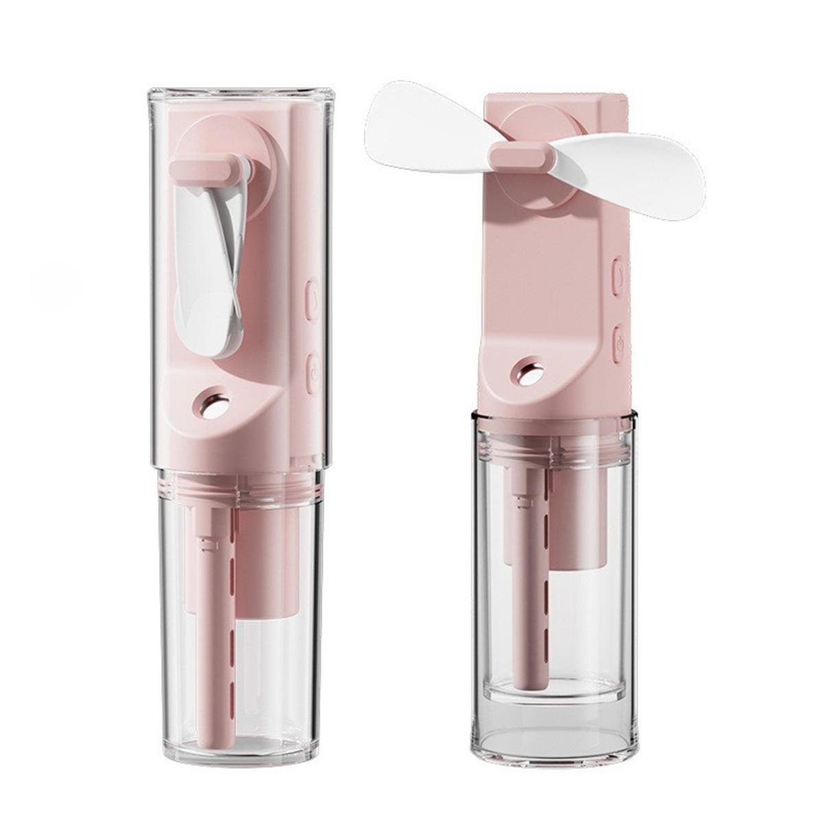 Zwei rosa Mini-Tragbare Ventilatoren mit klaren Wassertanks auf einem weißen Hintergrund.