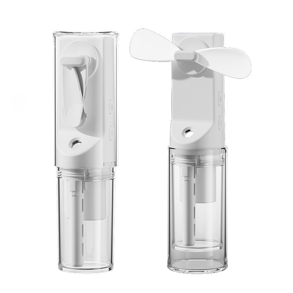 Zwei weiße Mini-Ventilatoren mit transparenten Wasserbehältern auf weißem Grund.