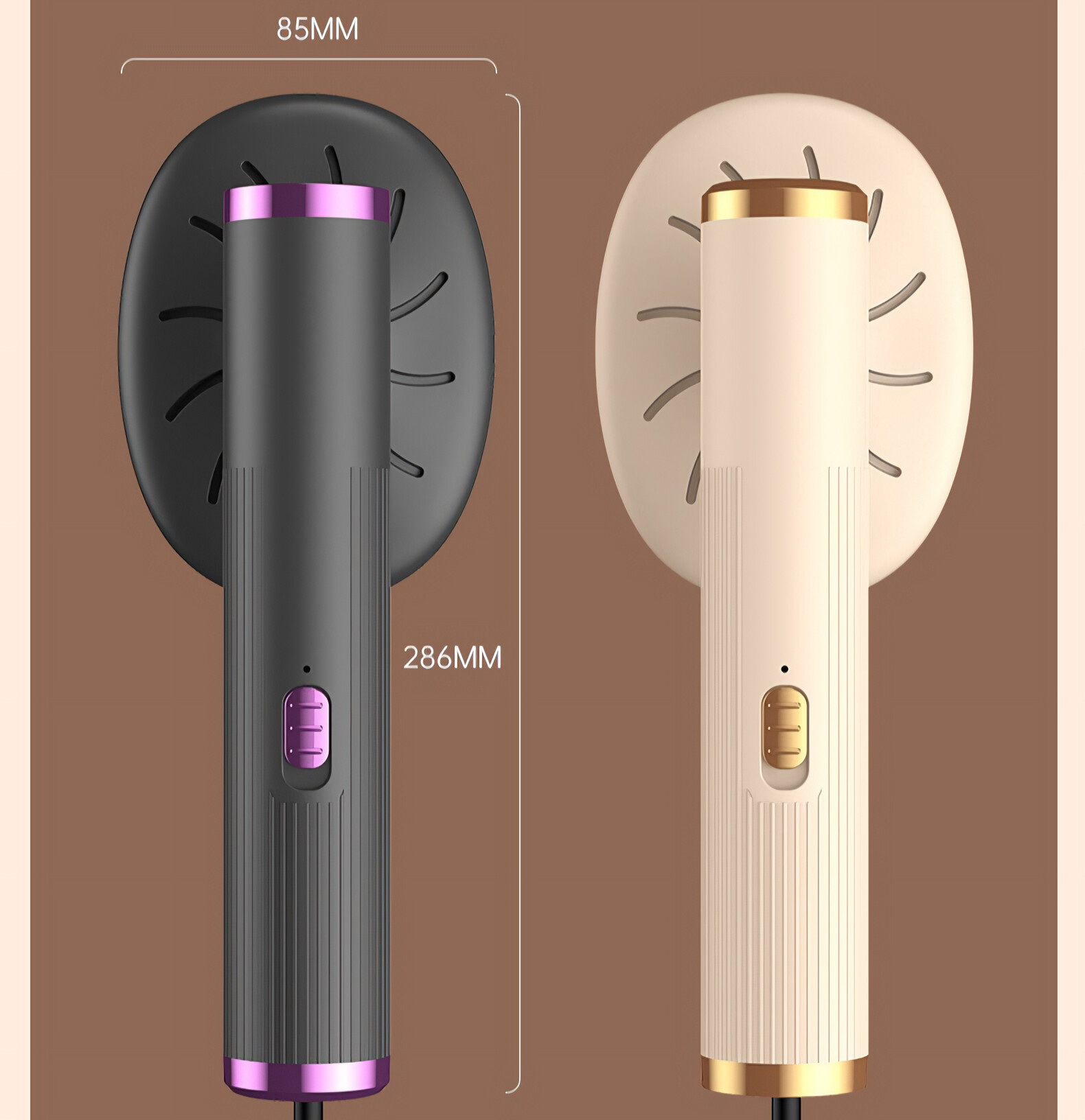 Zwei Haarstyling-Tools, eines schwarz, eines cremefarben, mit Abmessungen.