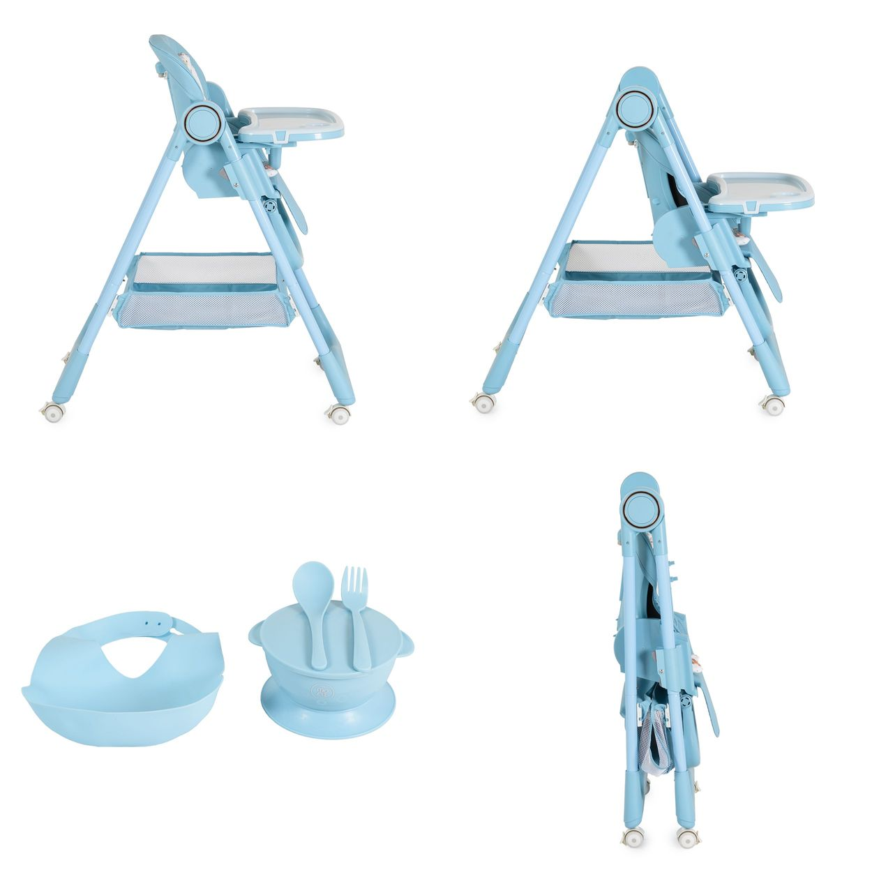 Blauer Babyhochstuhl mit Tablett, Korb und Zubehör. Mehrere Winkel gezeigt.