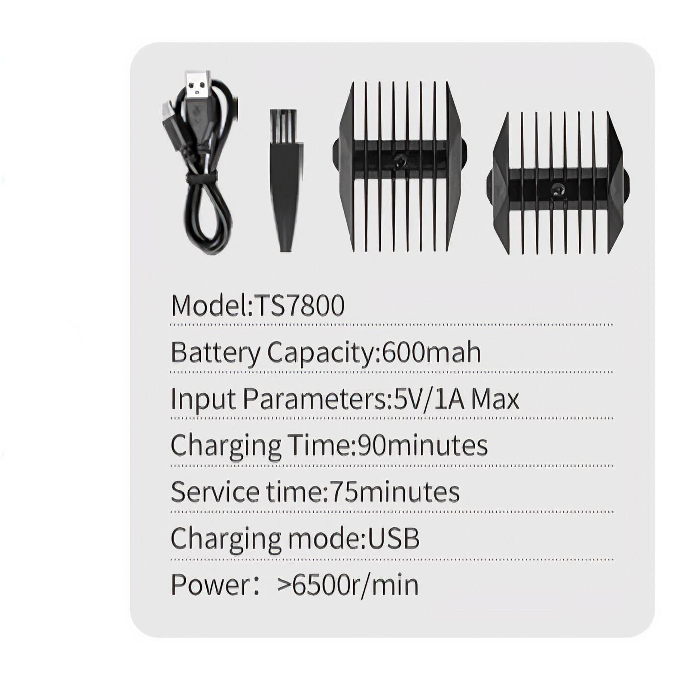 Details eines Körperhaartrimmers, einschließlich Modell, Batteriekapazität, Ladezeit und Leistung.