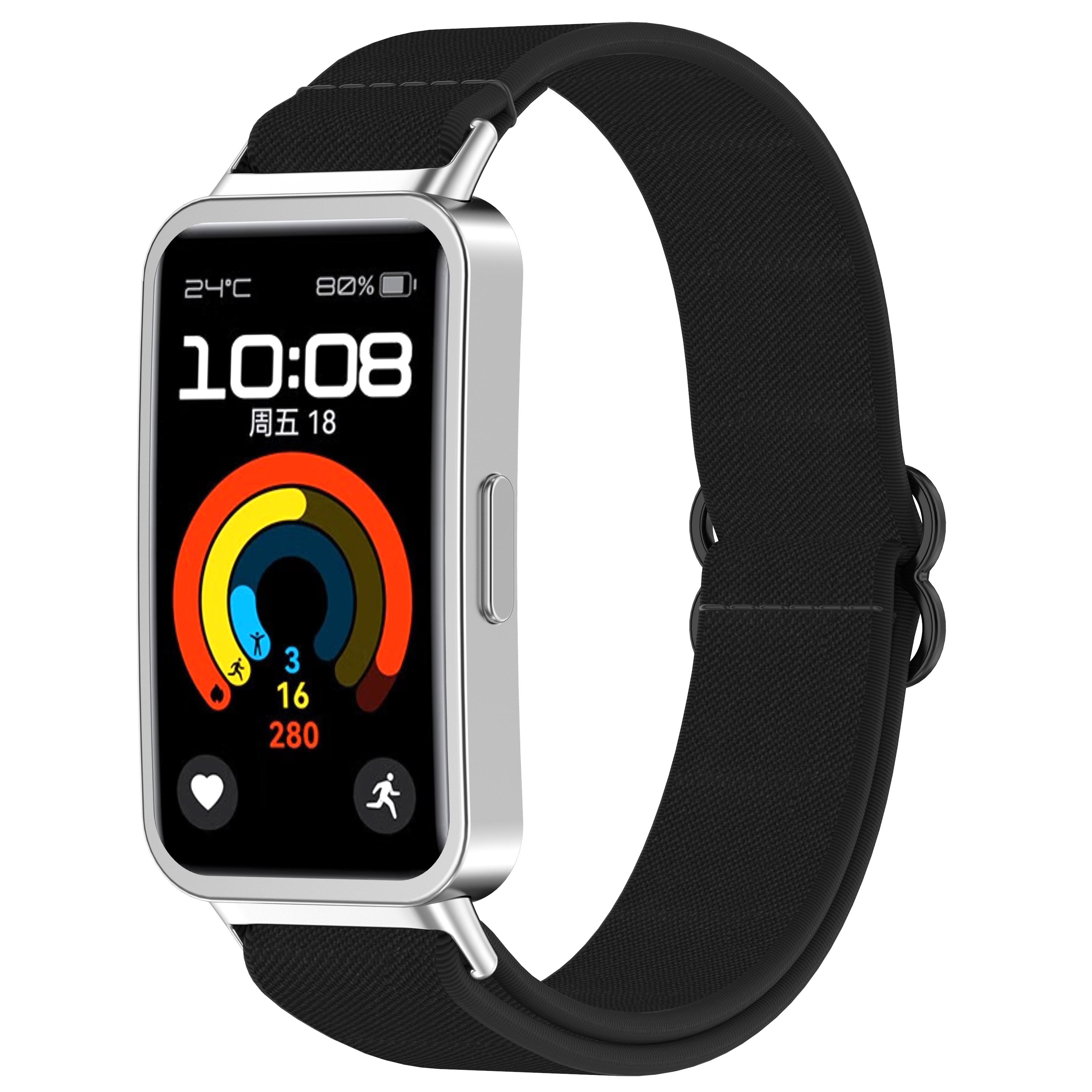Srebrny prostokątny smartwatch z czarnym paskiem, pokazujący godzinę, datę i wskaźniki zdrowia.