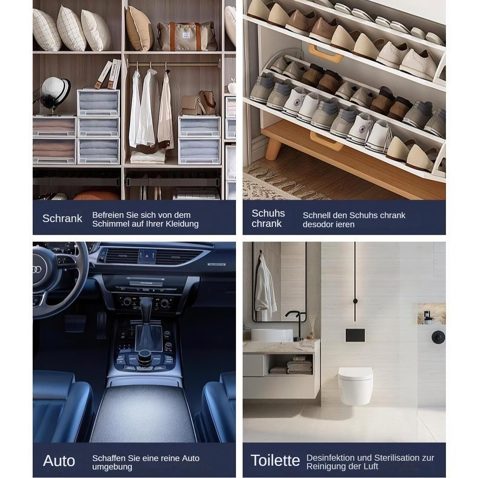Vier Bilder, die Teile eines Hauses zeigen, wie einen Schrank, einen Schuhregal, ein Auto und ein Badezimmer.