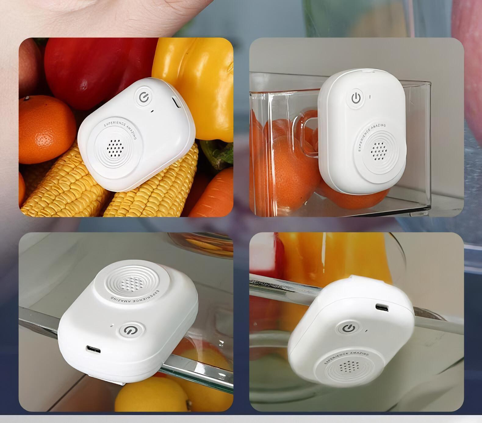 Vier Bilder, die ein weißes Gerät in einem Kühlschrank mit Obst und Gemüse zeigen.