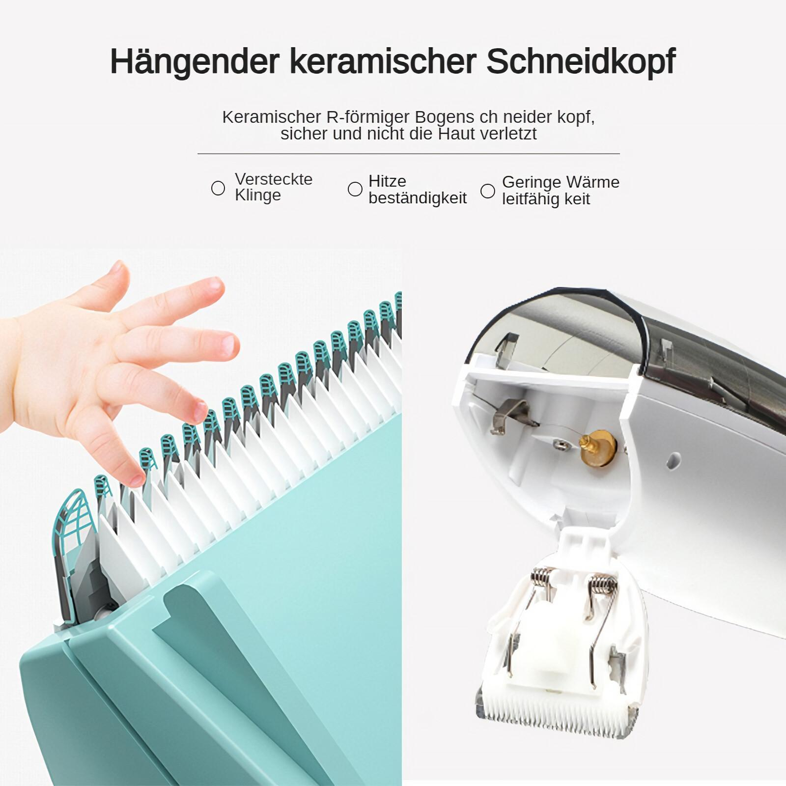 Offener Rasierkopf mit Kinderhand, die die Klingen berührt.