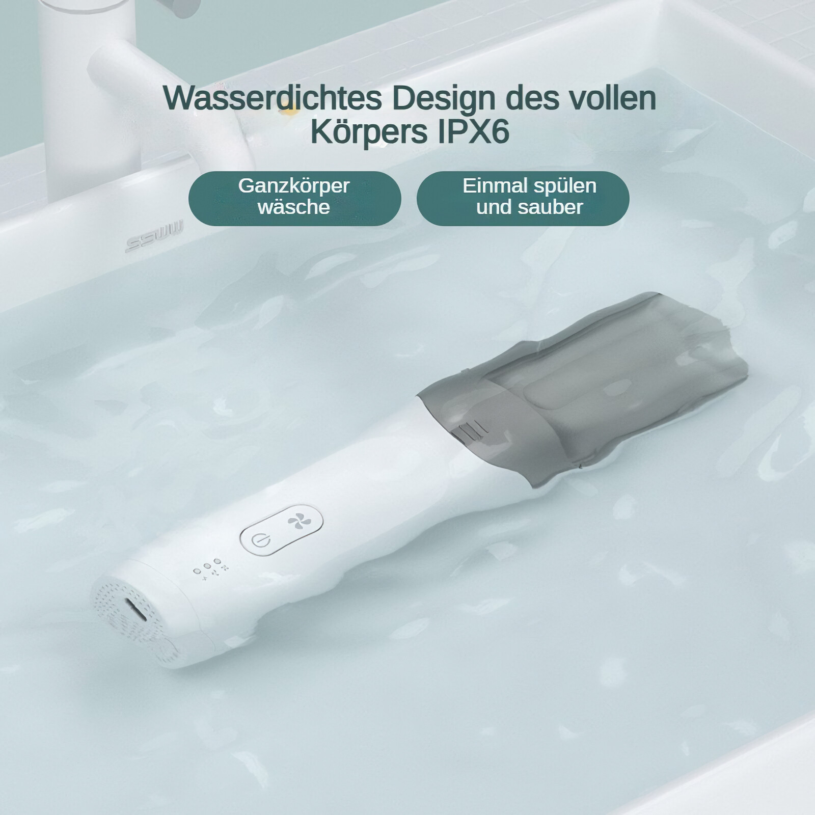 Ein weißes und graues Gerät, das in Wasser eingetaucht ist, mit einem Etikett, das ein wasserdichtes Design anzeigt.