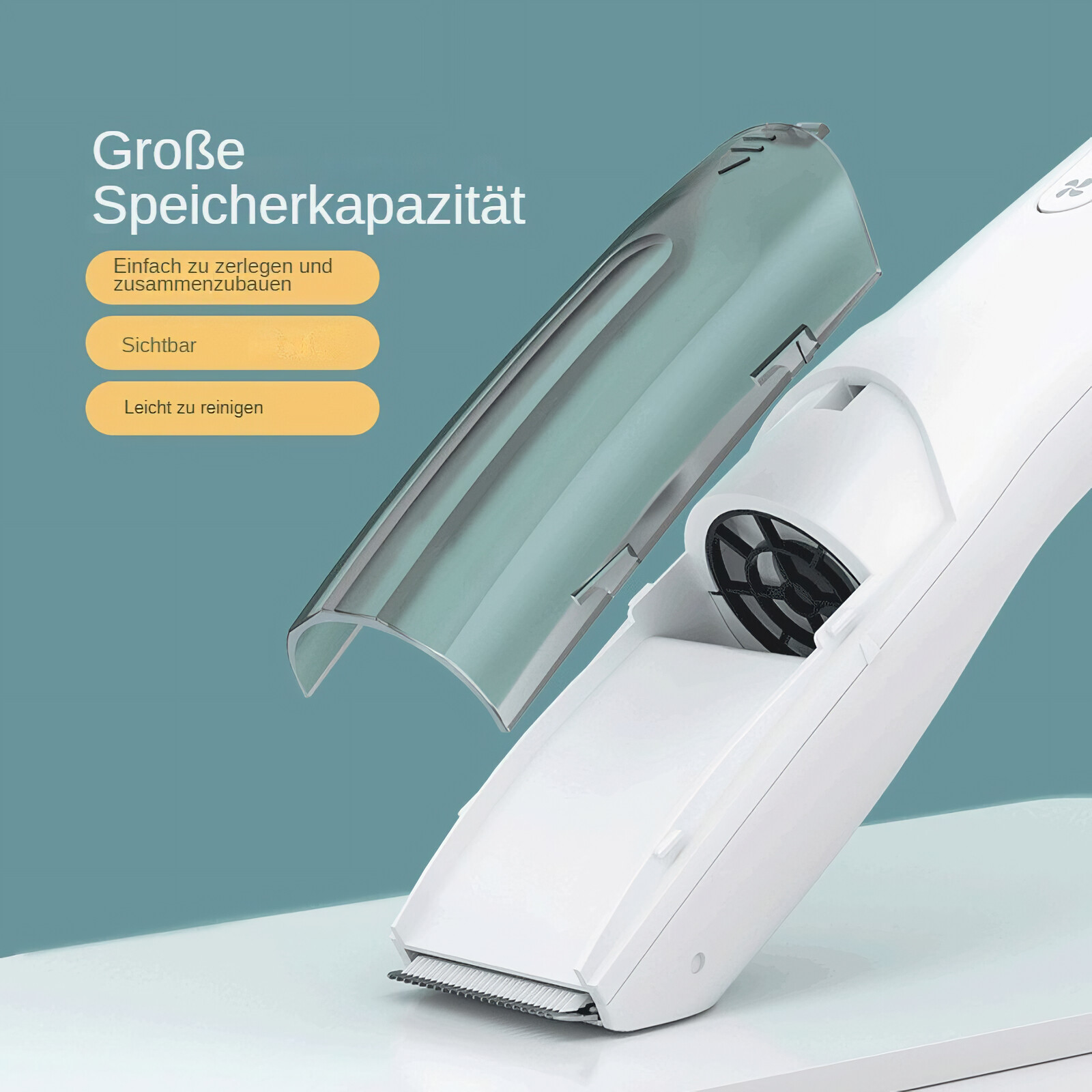 Ein weißer elektrischer Haarschneider mit transparentem grauen Deckel. Der Deckel ist geöffnet, die Klingen sichtbar.