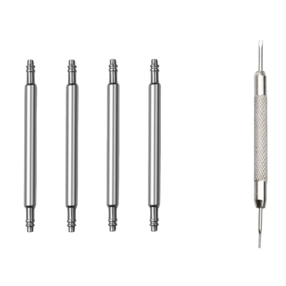 Pięć srebrnych szpilek do zegarków i narzędzie z teksturowanym uchwytem. Szpilki wyrównane, narzędzie po prawej.