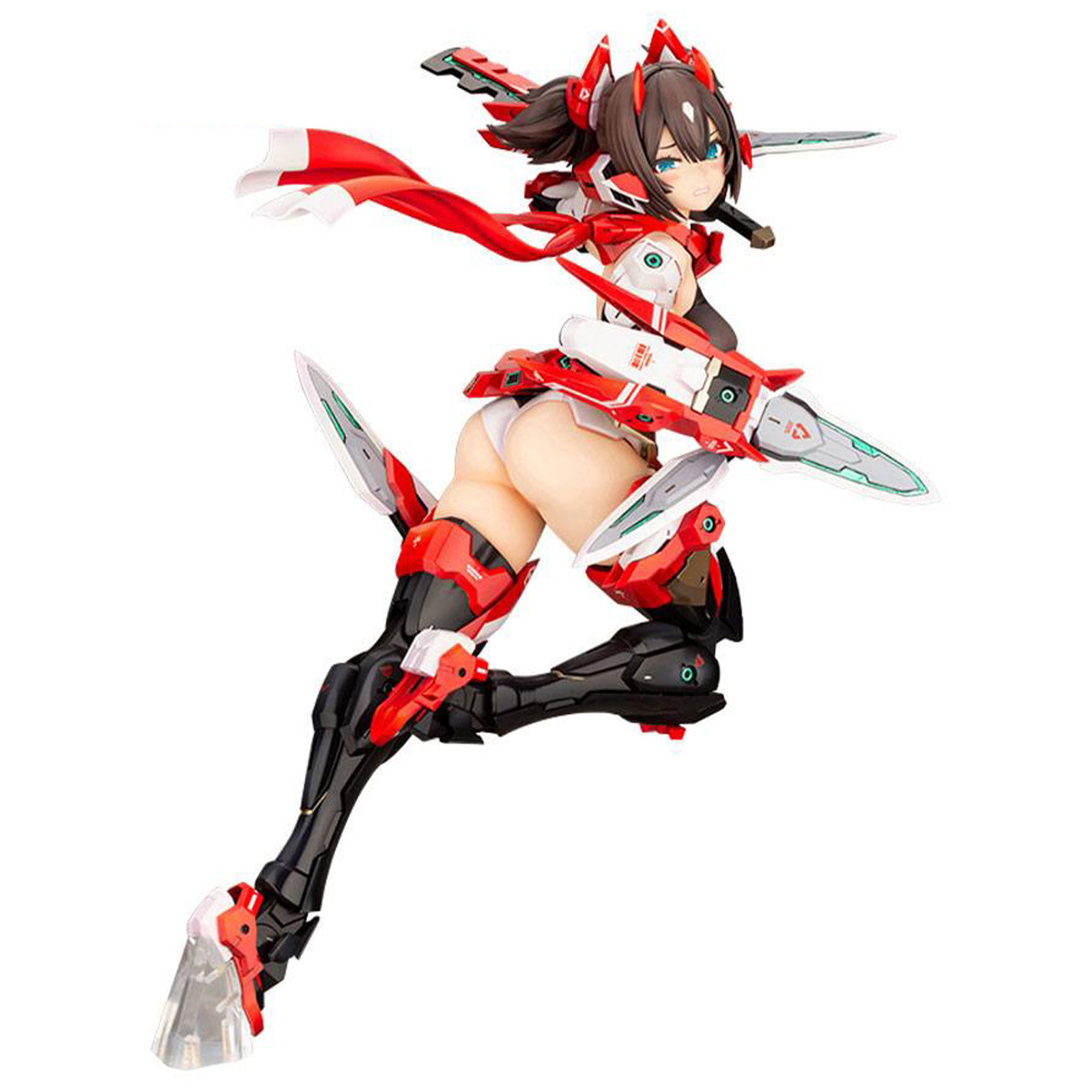 Eine weibliche Anime-Figur in dynamischer Pose, trägt rote und weiße Rüstung mit Schwertern.