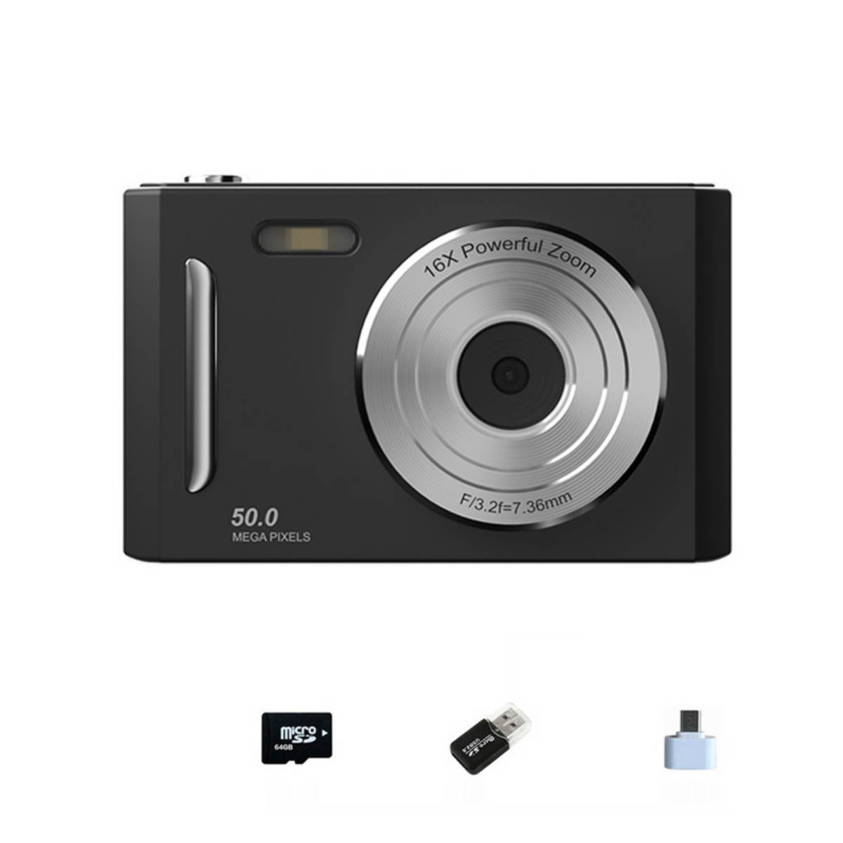 Schwarze Digitalkamera mit Objektiv und Knöpfen. MicroSD-, USB- und USB-C-Adapter befinden sich unten.