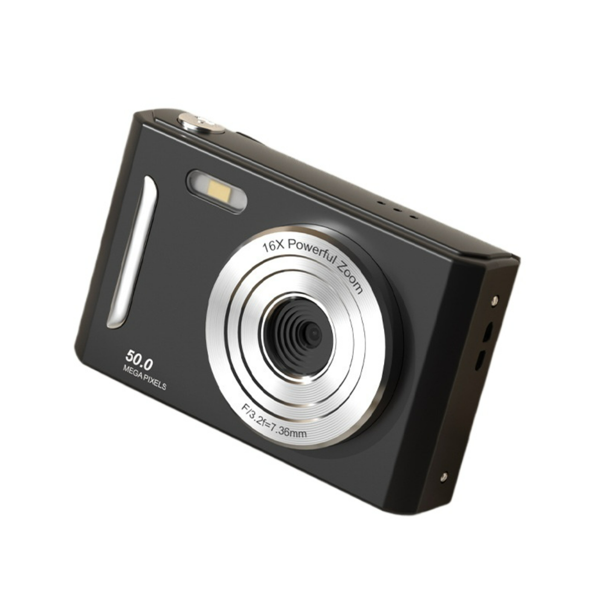 Schwarze Digitalkamera in einem Winkel. Verfügt über ein silbernes Objektiv und die Worte 50.0 MEGA PIXELS.