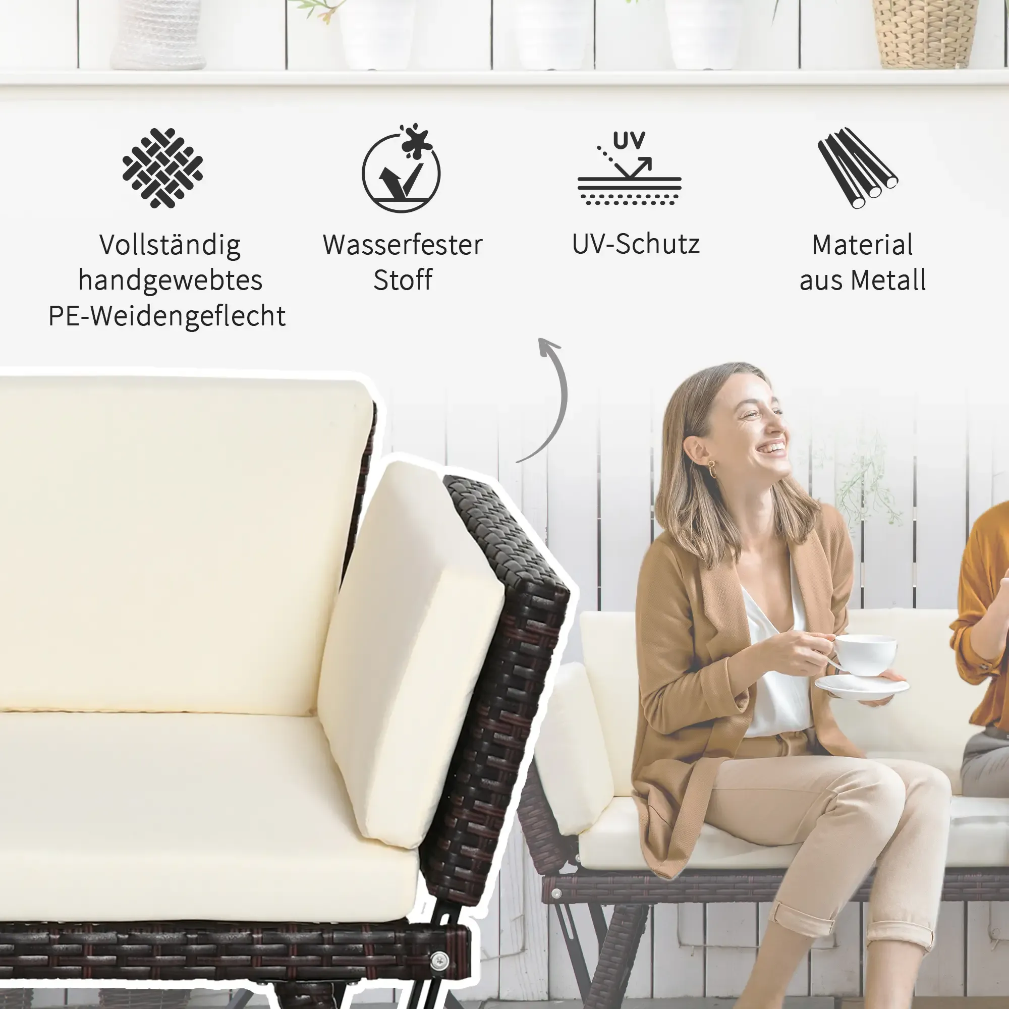 Frau sitzt auf einem Sofa, mit Funktionssymbolen und Text über das Sofa.