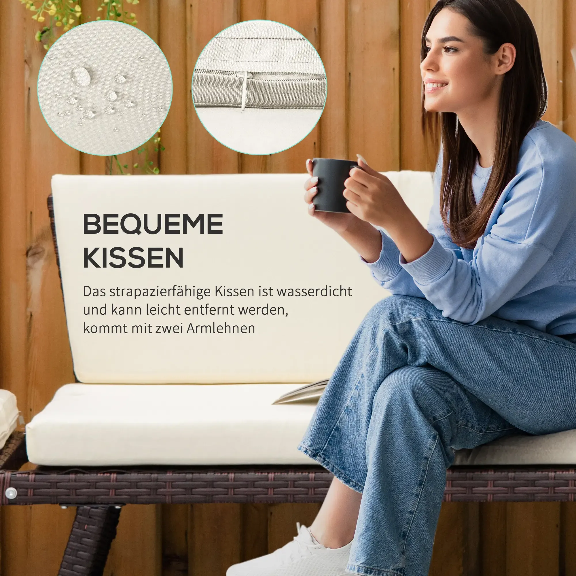 Frau auf Sofa mit Kaffeetasse. Nahaufnahmen von Kissen und Wassertropfen. Text: BEQUEME KISSEN.
