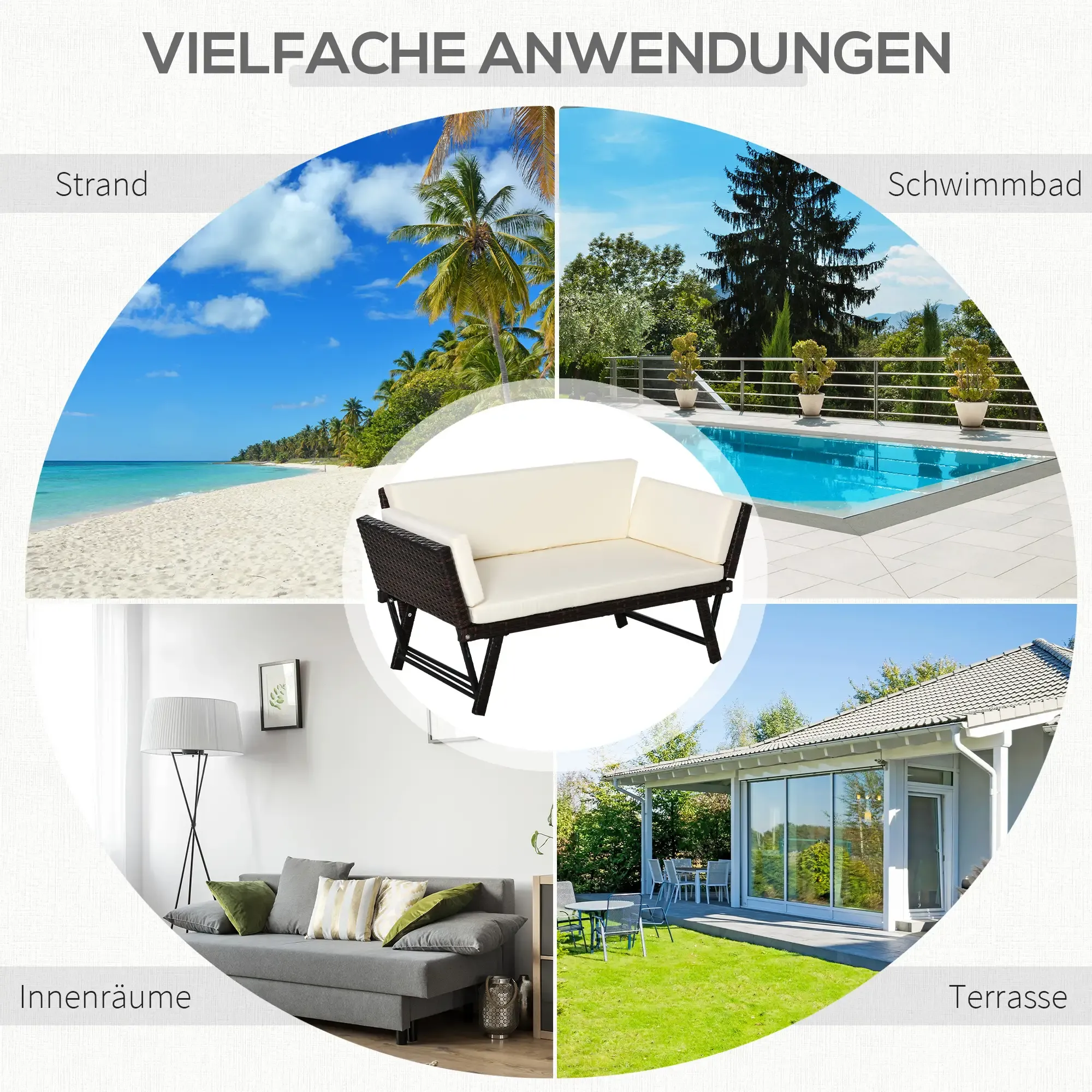Collage mit einem Sofa in verschiedenen Umgebungen: Strand, Pool, Innenräume, Terrasse.