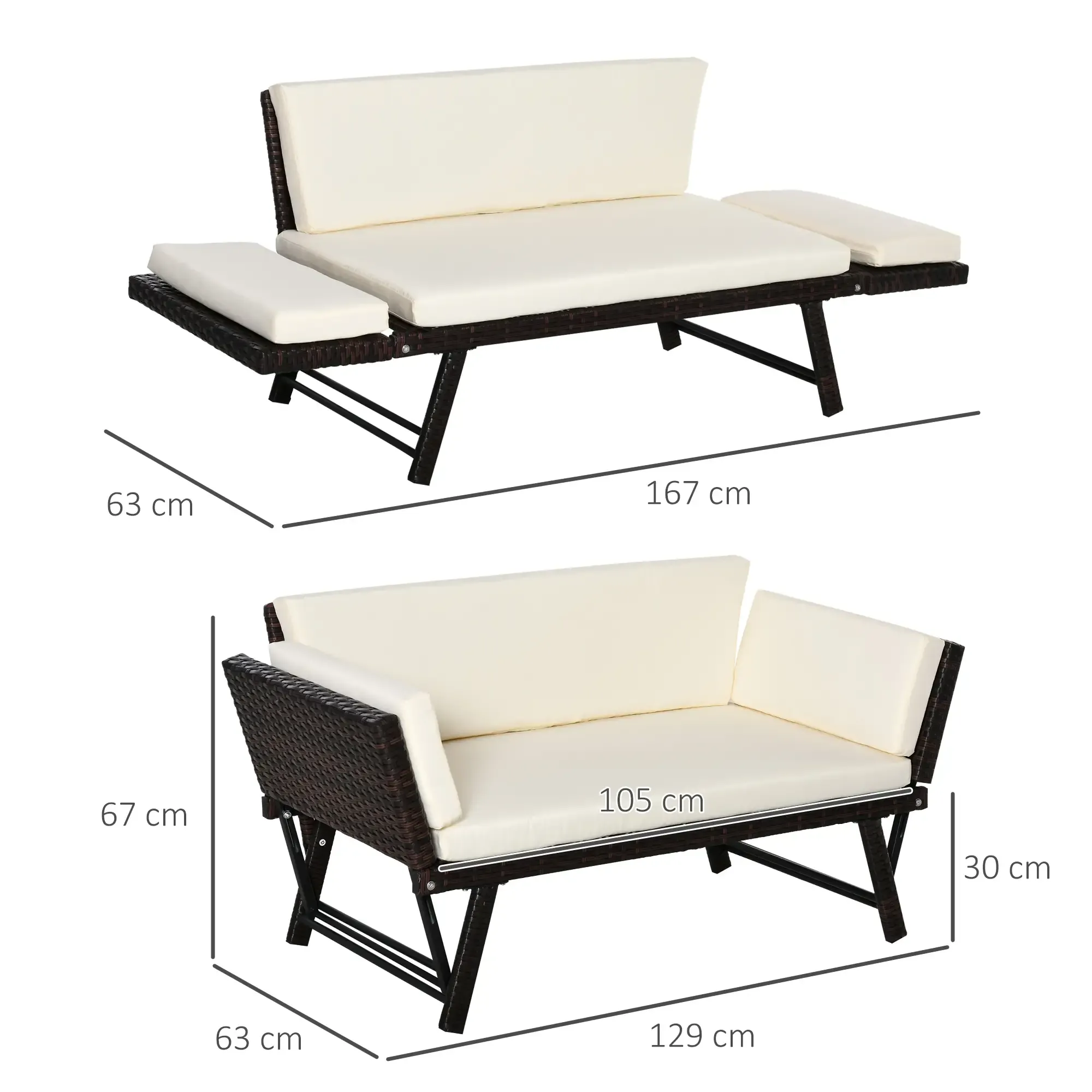 Zwei Outdoor-Sofas mit weißen Kissen und braunem Korbgeflechtrahmen. Abmessungen sind angegeben.
