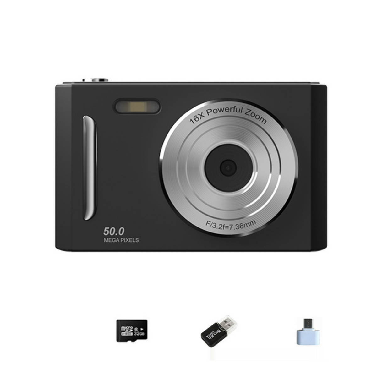 Schwarze Digitalkamera mit Objektiv und Knöpfen auf weißem Hintergrund. MicroSD-, USB-Adapter darunter.