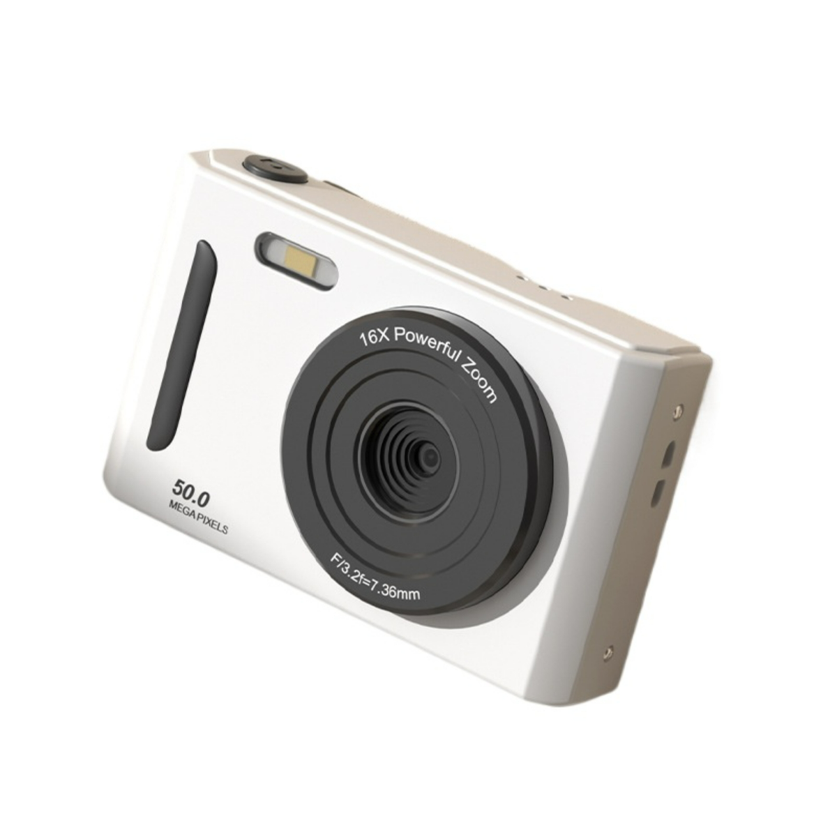 Weiße Digitalkamera, Vorderansicht, mit Zoomdetails und Megapixelanzahl.
