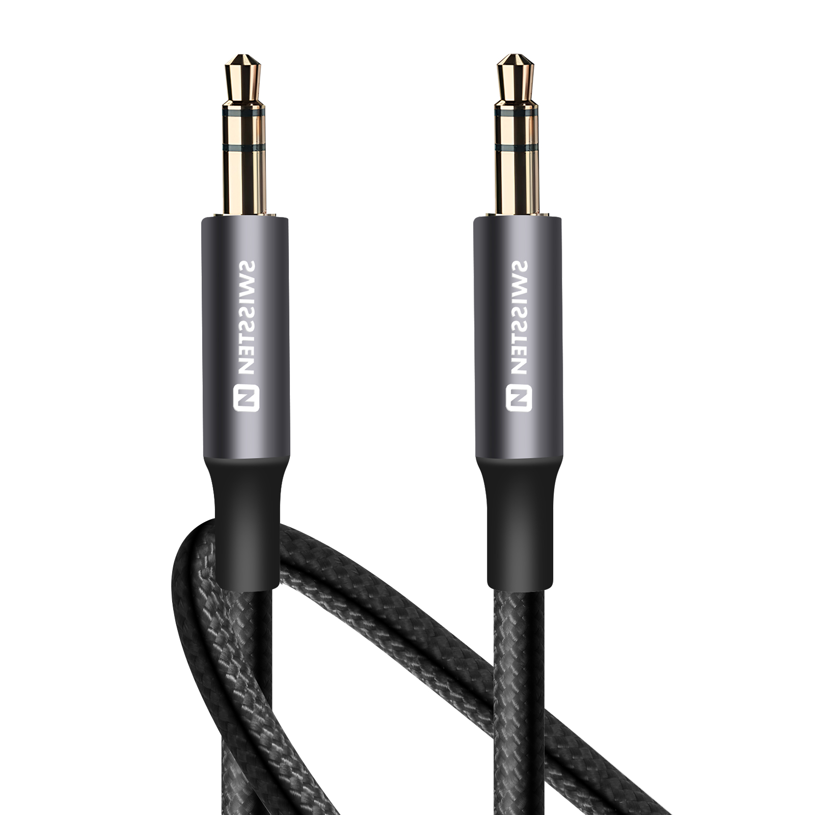 Schwarzes Audiokabel mit zwei 3,5-mm-Klinkensteckern, graue Anschlüsse. Das Kabel ist aufgerollt.